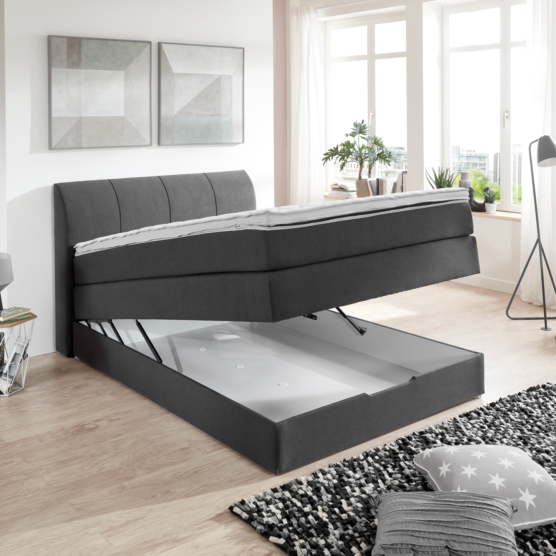 Boxspringbett - anthrazit - H2/H3 - mit Topper - Bettkasten - 120x200 cm
