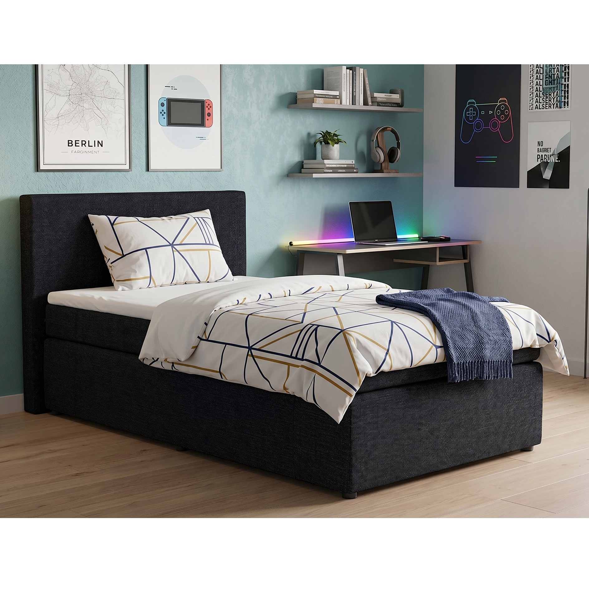 Boxspringbett - anthrazit - H3 - 90x200 cm 