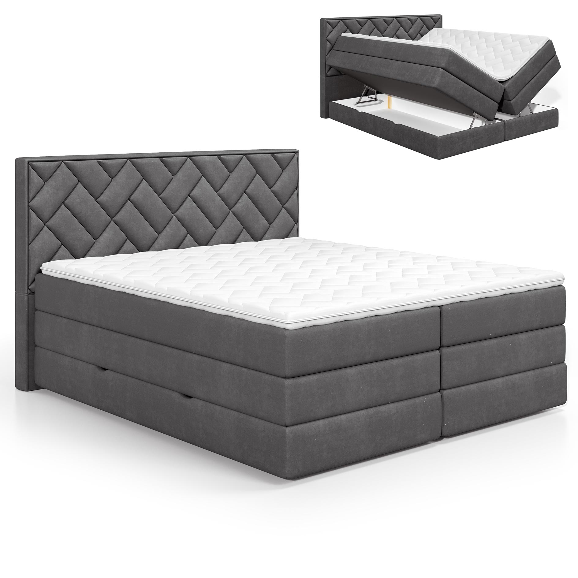Boxspringbett - anthrazit - H3/H4 - Staukasten - Topper - 160x200 cm