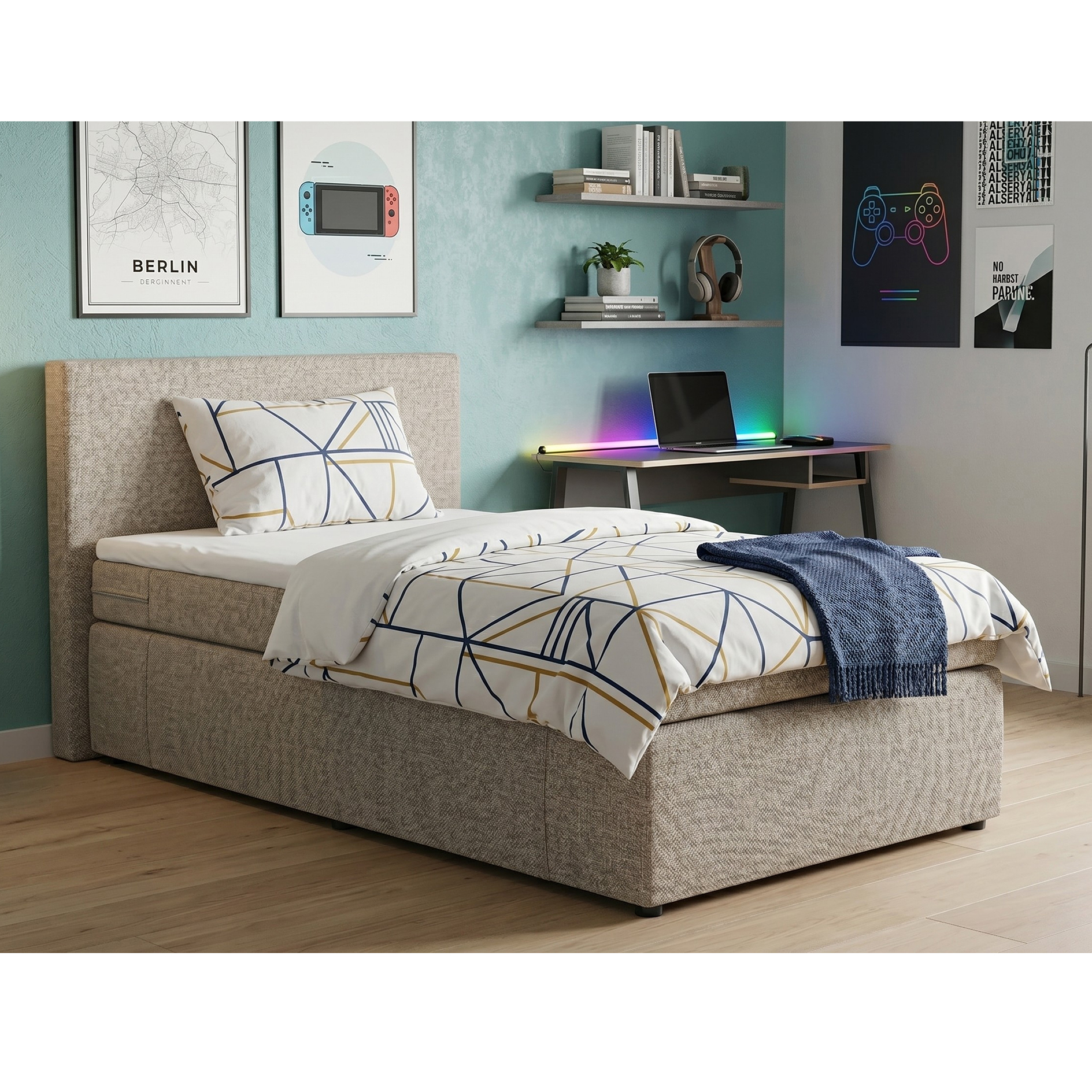 Boxspringbett - beige - H3 - 90x200 cm 
