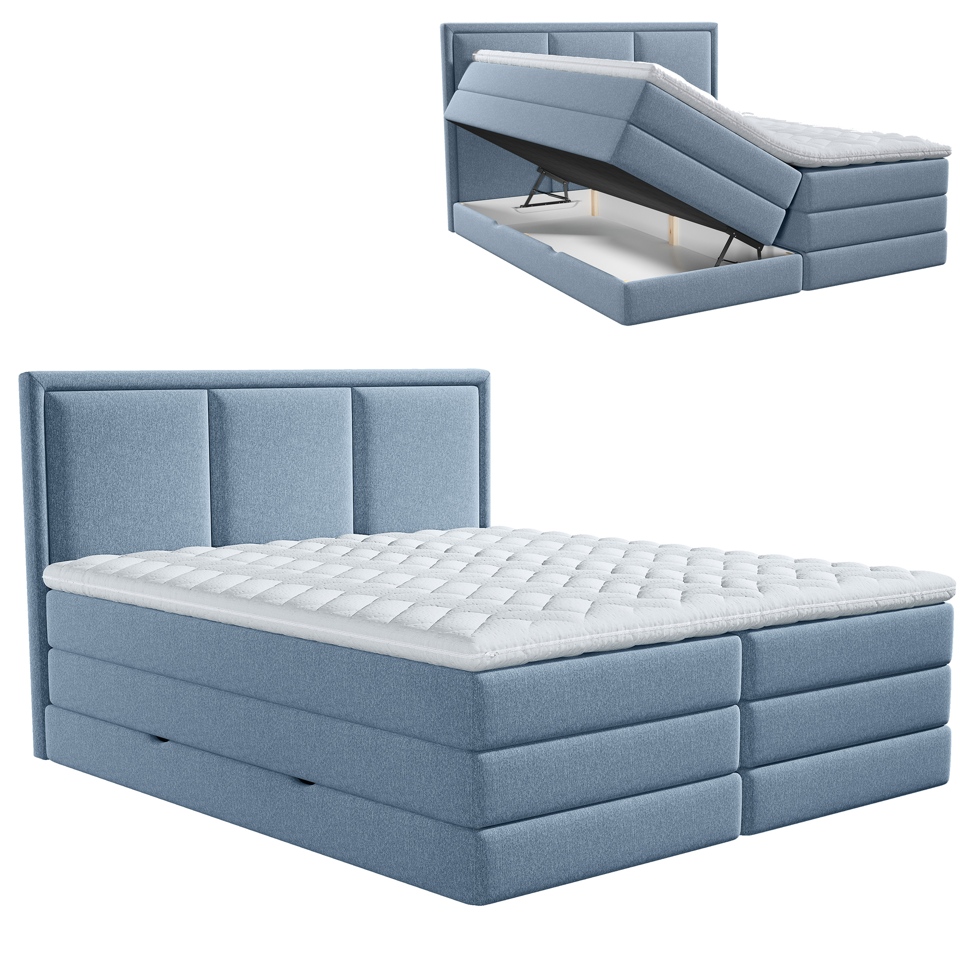 Boxspringbett - blau - H2/H3 - Bettkasten - inklusive Topper - 160x200 cm