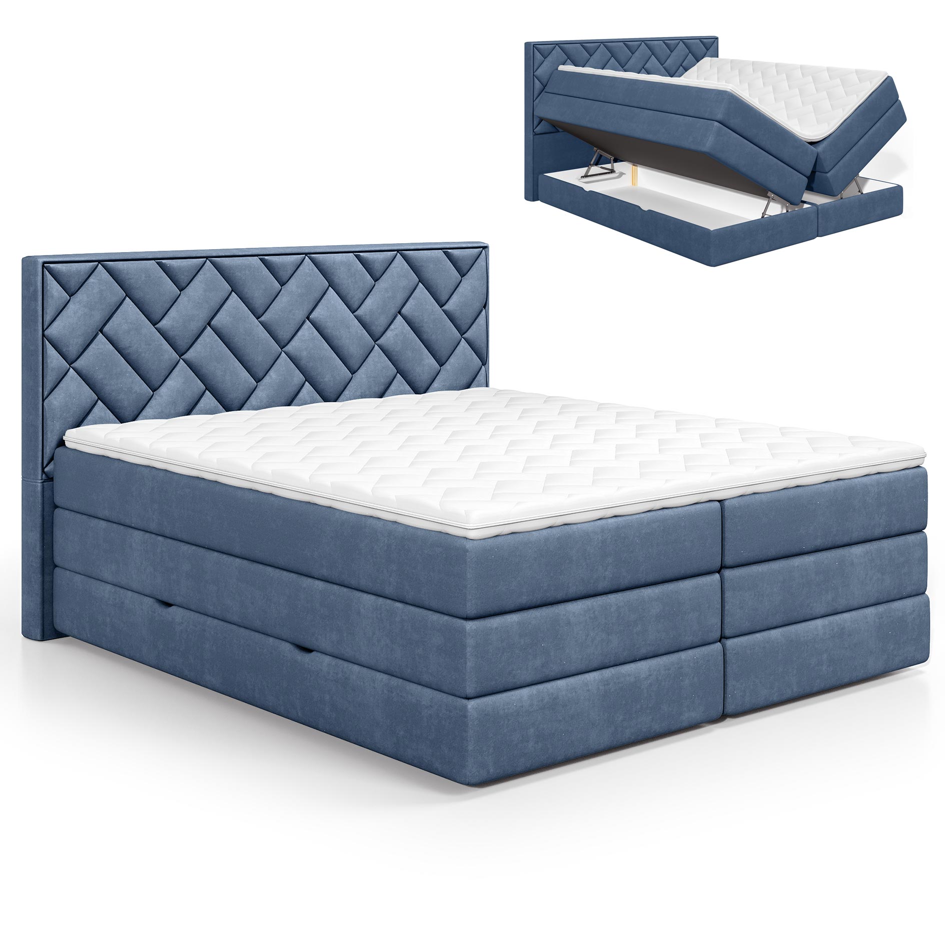 Boxspringbett - blau - H2/H3 - Staukasten - Topper - 180x200 cm