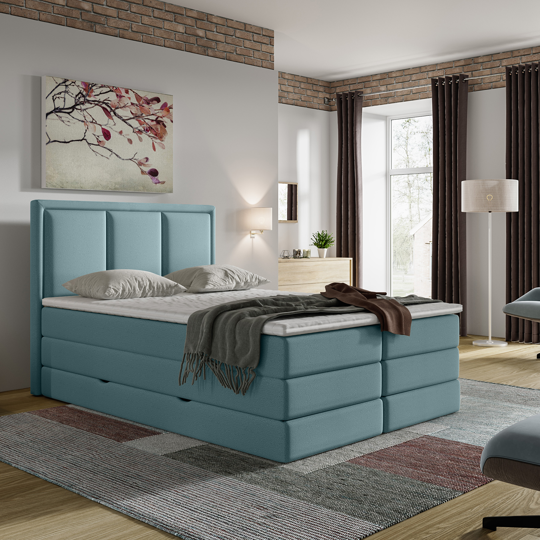 Boxspringbett - blau - H3/H4 - Bettkasten - inklusive Topper - 140 x 200 cm 