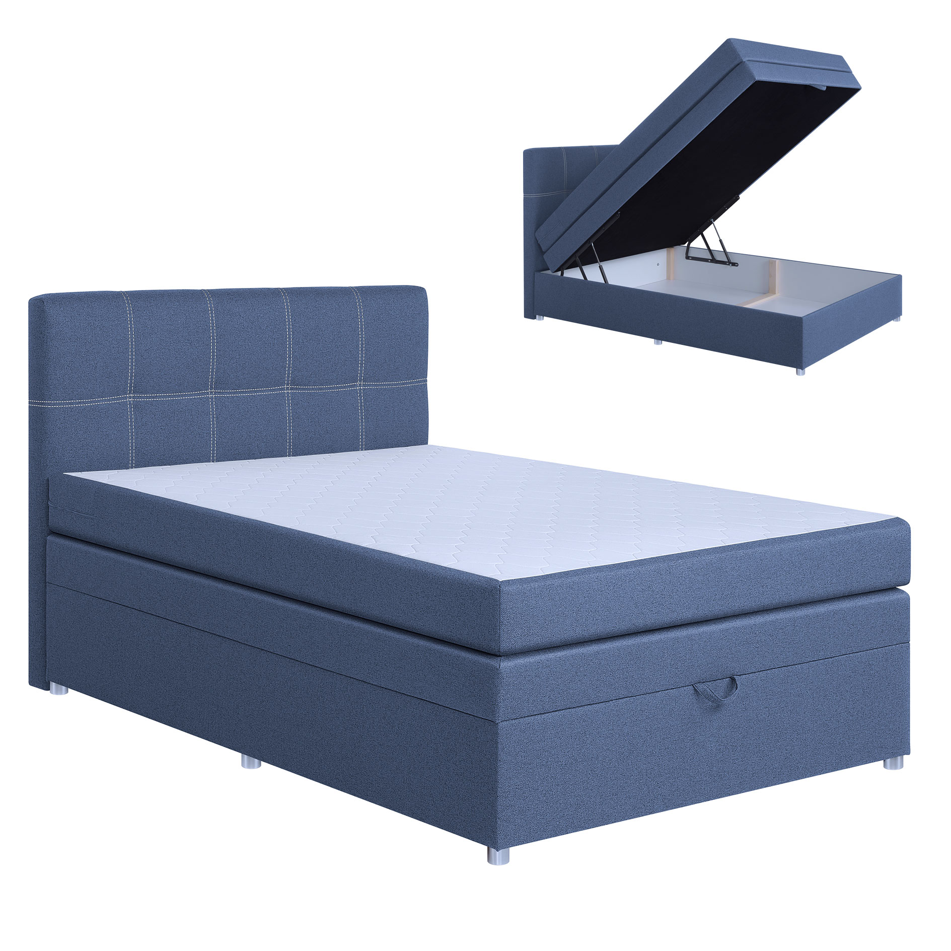 Boxspringbett - blau - mit Bettkasten - H3 - 140x200 cm