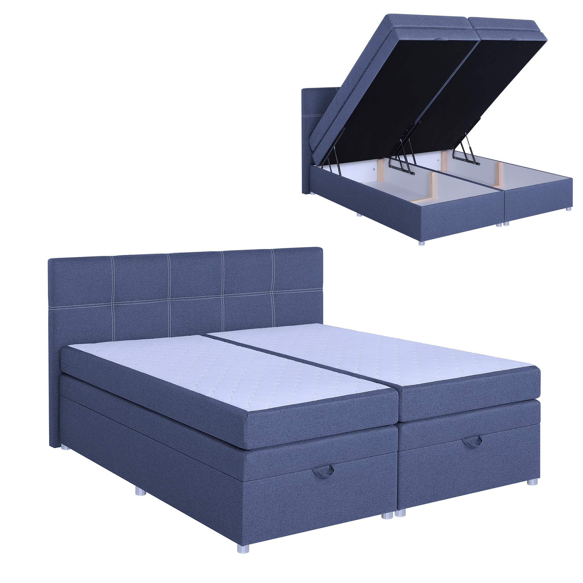Boxspringbett - blau - mit Bettkasten - H3 - 180x200 cm