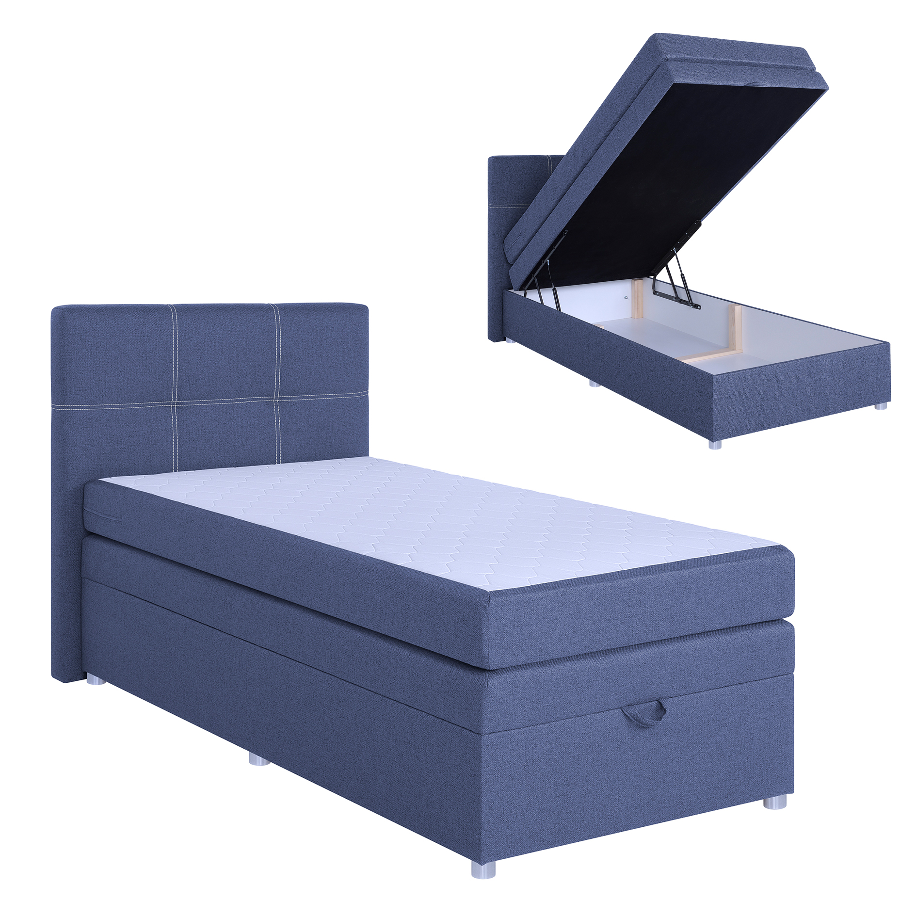 Boxspringbett - blau - mit Bettkasten - H3 - 90x200 cm