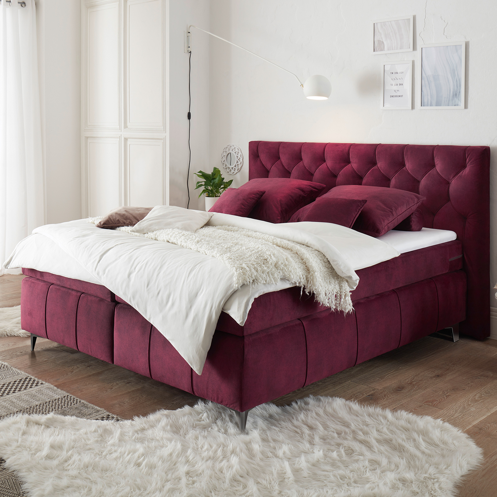  Boxspringbett - burgund - Tonnentaschenfederkern - H2 - 160x200 cm