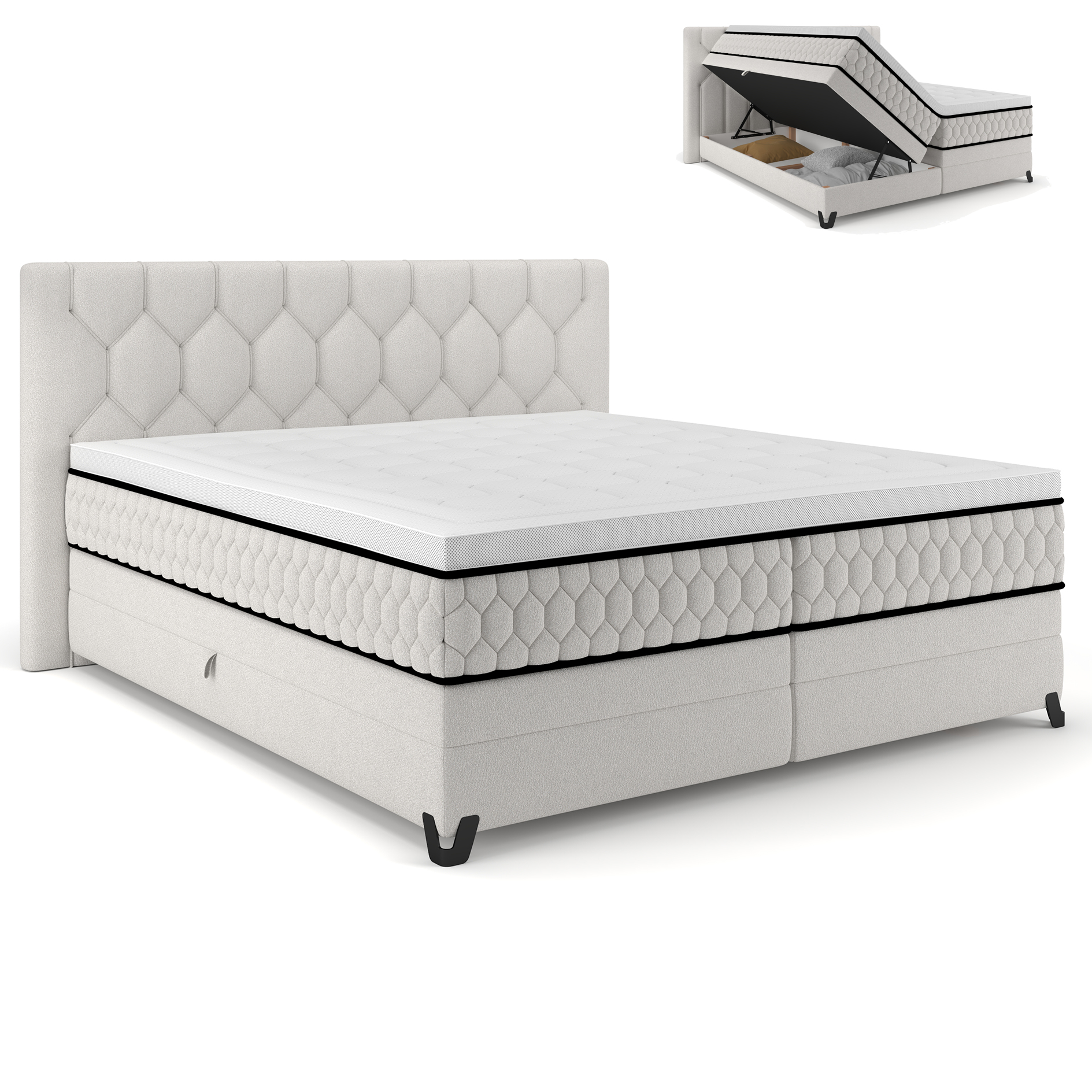 Boxspringbett - creme - mit Bettkasten - H2/H3 - 180x200 cm