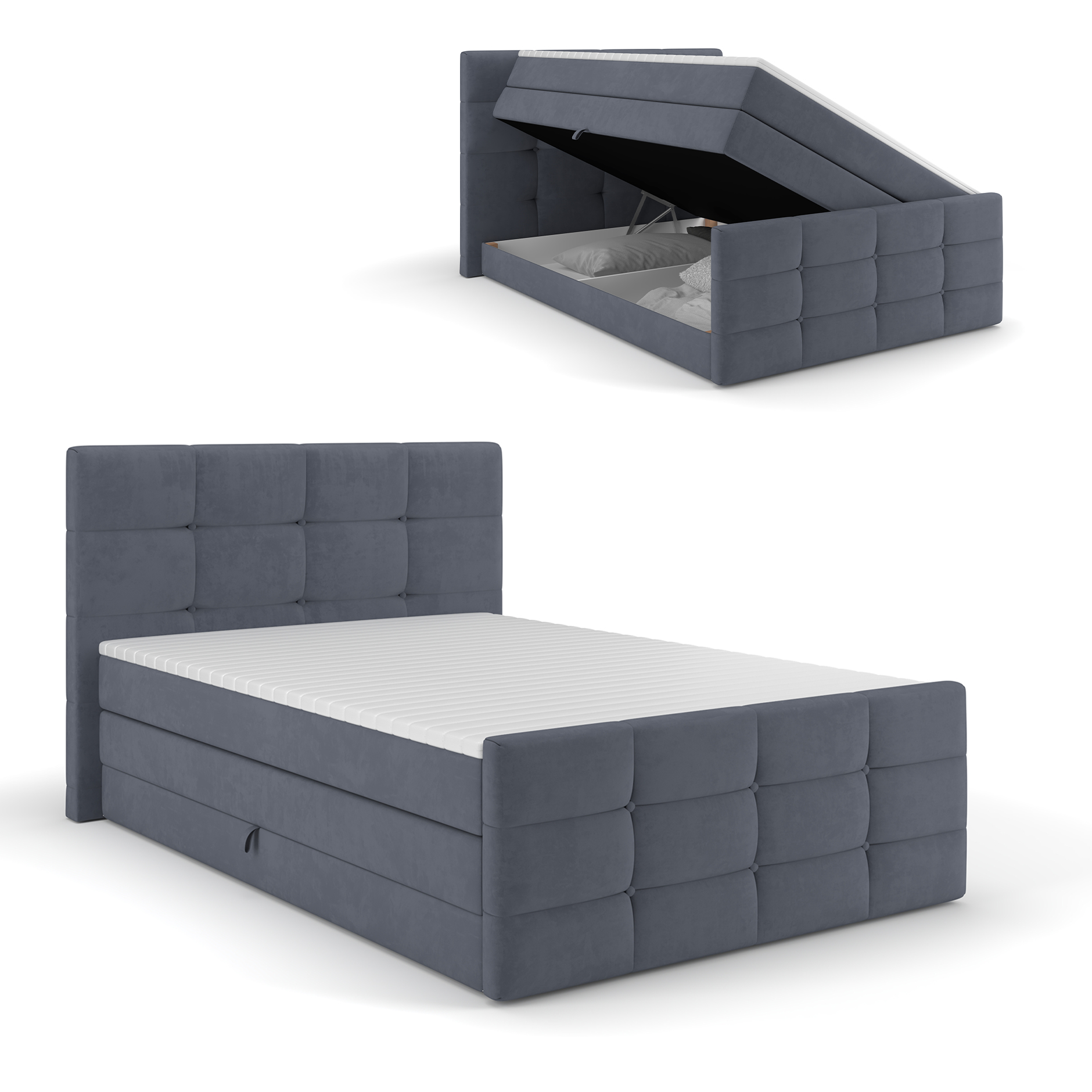 Boxspringbett - denim - mit Bettkasten - H2 - 140x200 cm