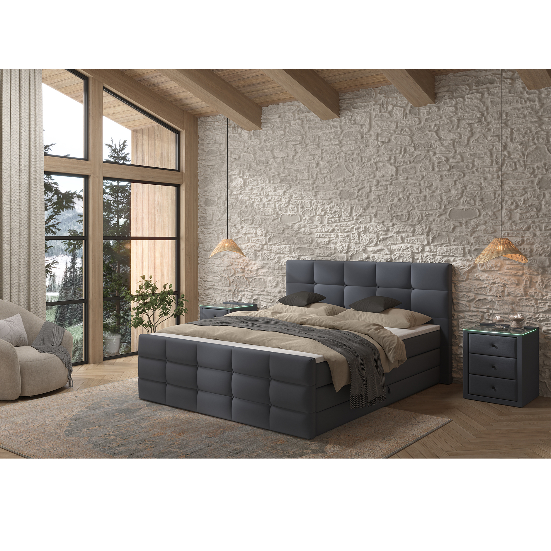 Boxspringbett - denim - mit Bettkasten - H2 - 160x200 cm