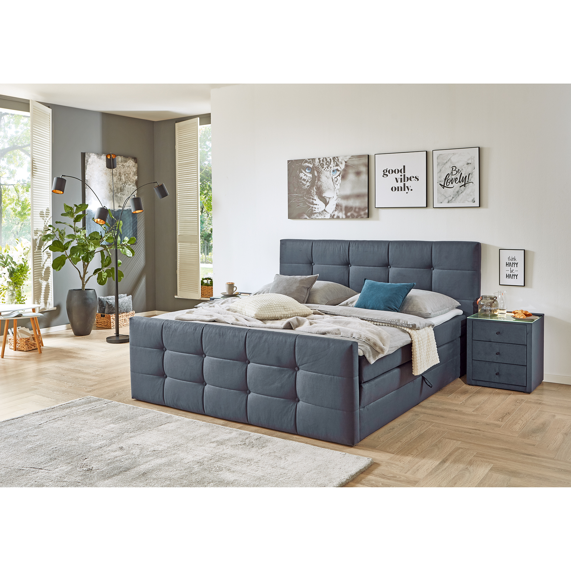 Boxspringbett - denim - mit Bettkasten - H2 - 180x200 cm