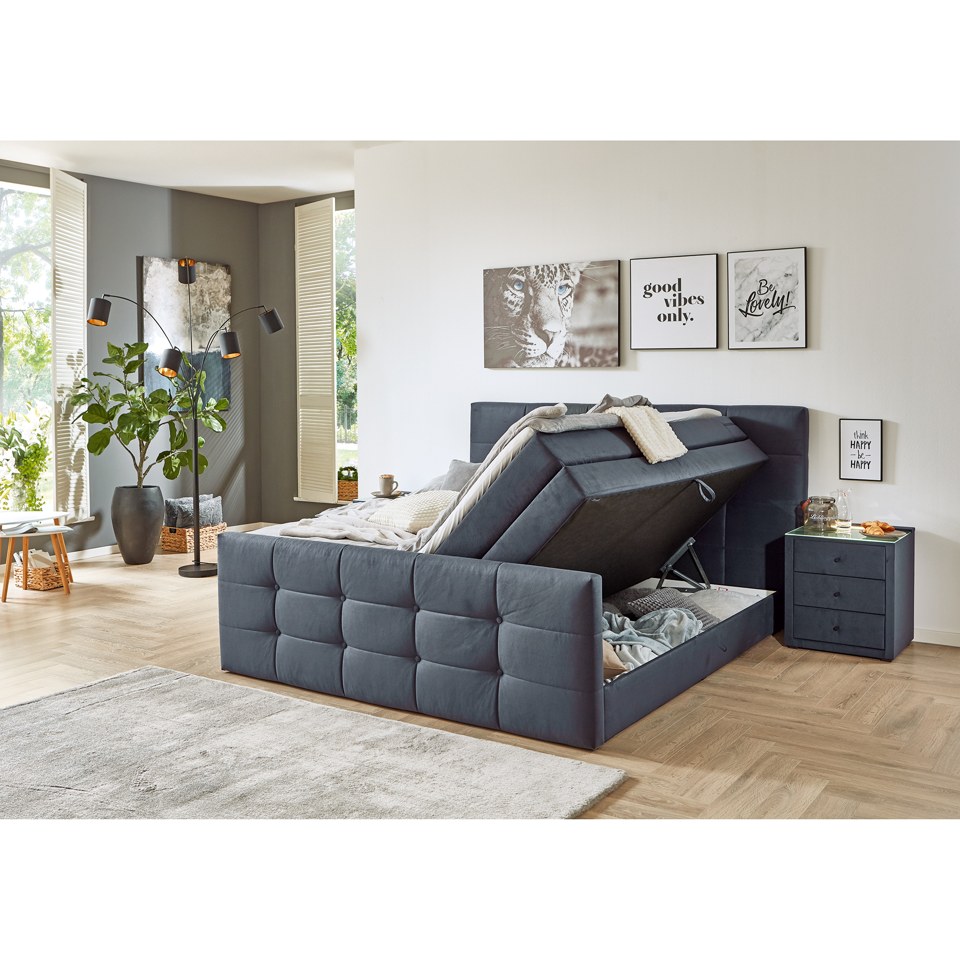 Boxspringbett - denim - mit Bettkasten - H2 - 180x200 cm