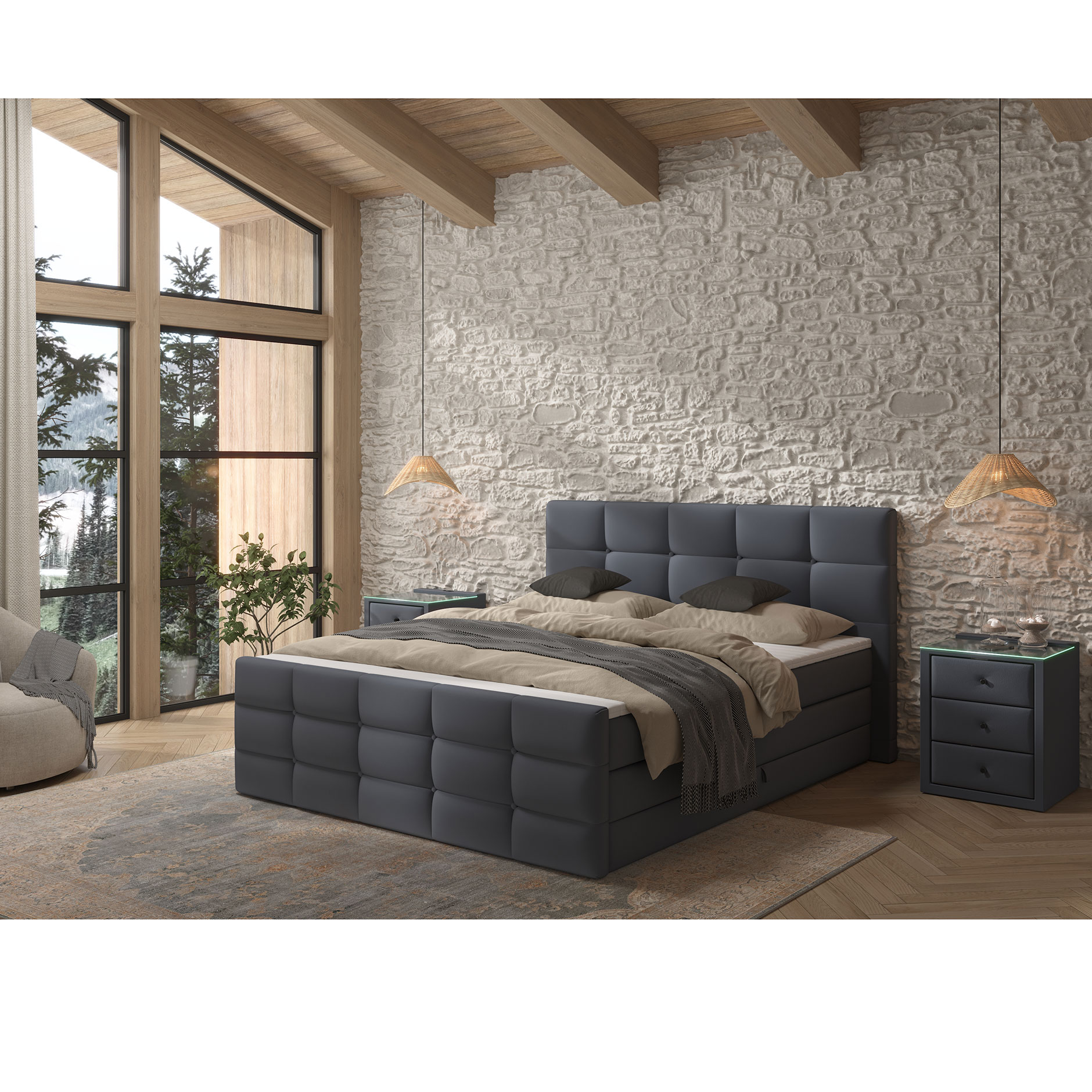 Boxspringbett - denim - mit Bettkasten - H2 - 180x200 cm