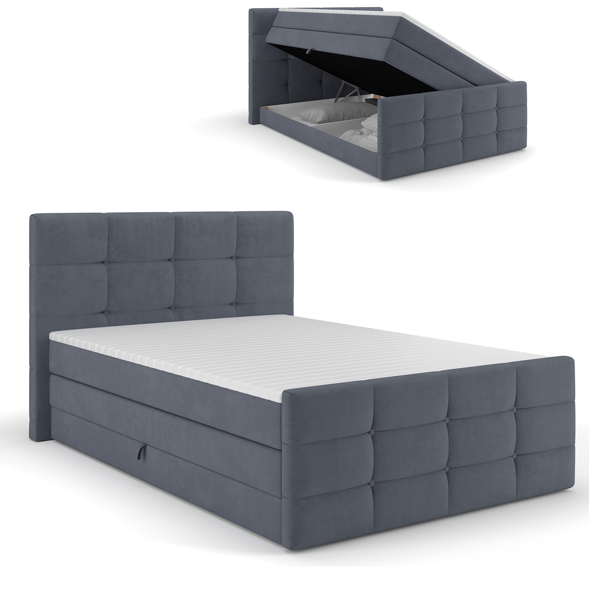 Boxspringbett - denim - mit Bettkasten - H2/H3 - 120x200 cm