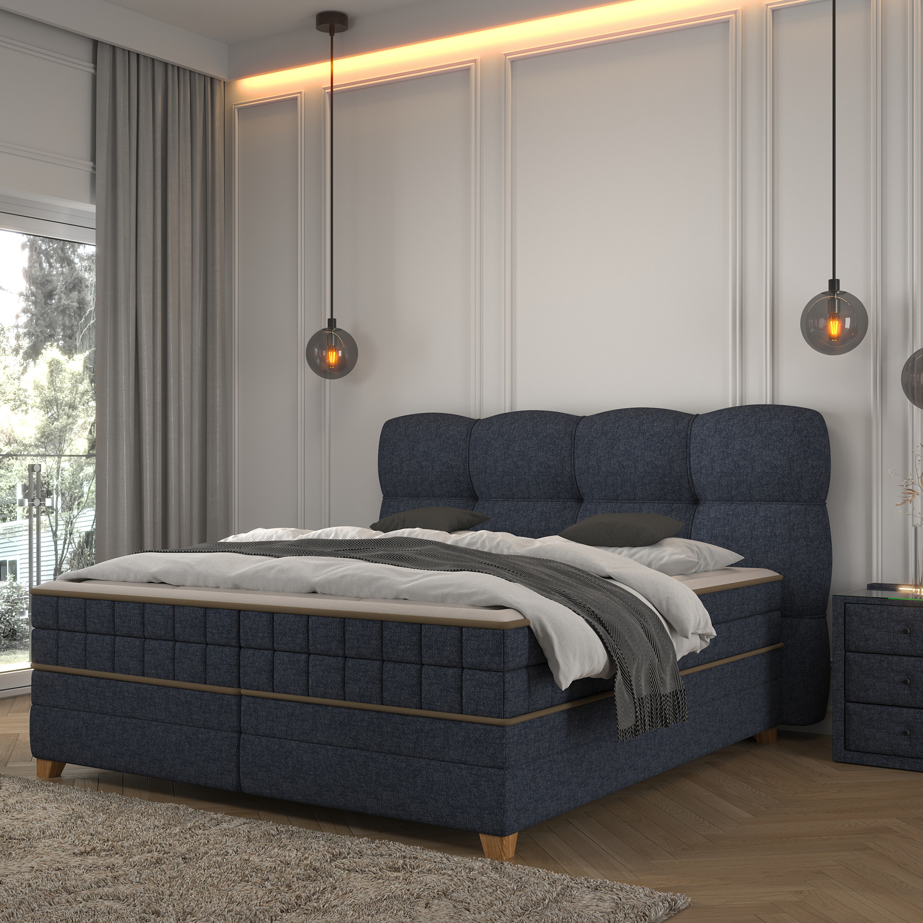 Boxspringbett - dunkelblau - H2/H3 - Bettkasten - 180x200 cm 