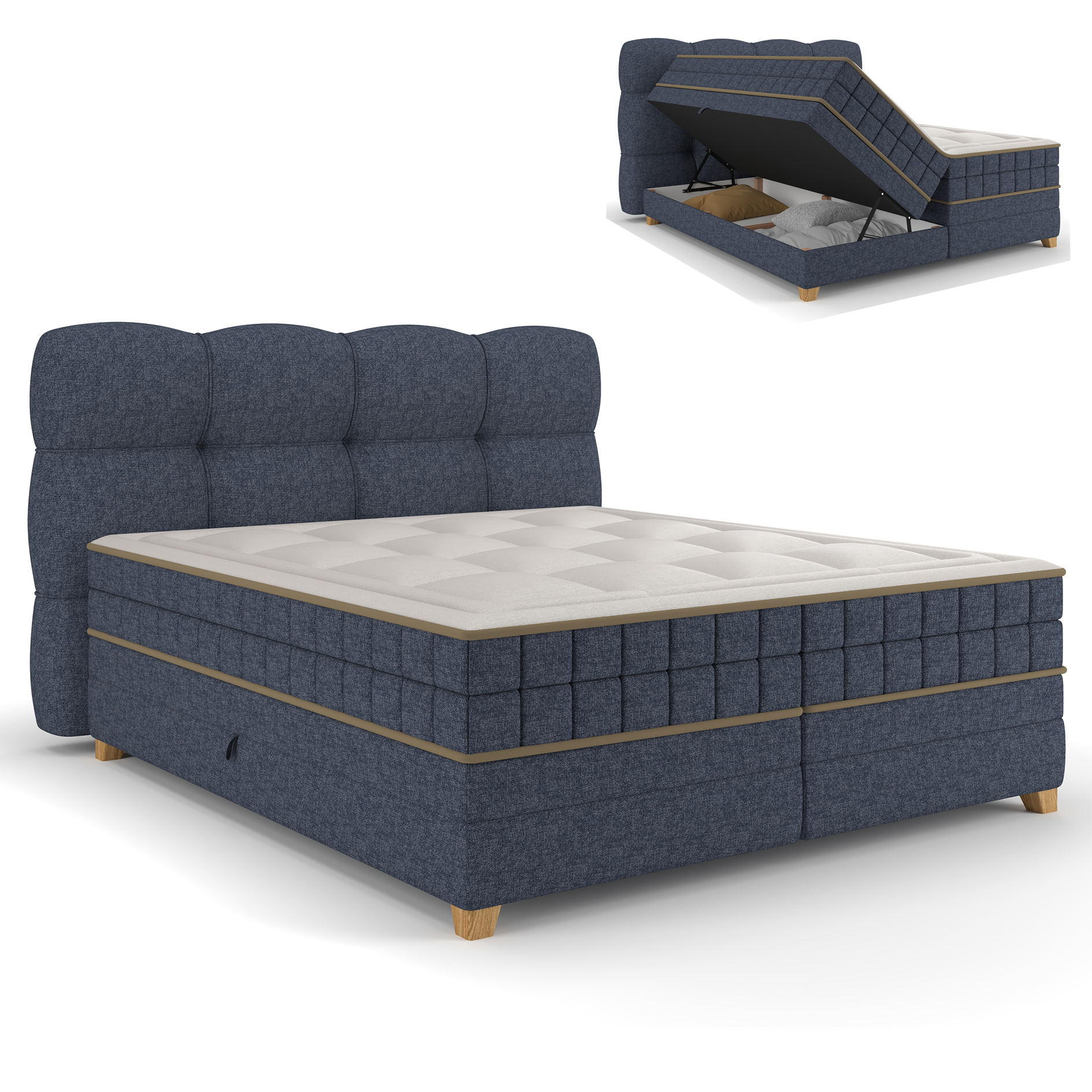 Boxspringbett - dunkelblau - H2/H3 - Bettkasten - 180x200 cm