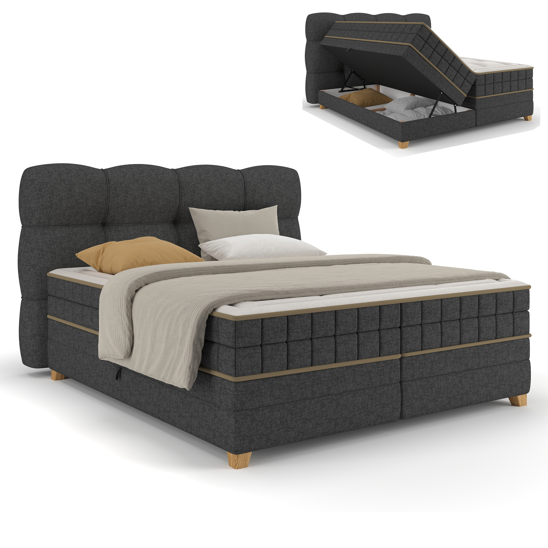 Boxspringbett - dunkelgrau - H2/H3 - Bettkasten - 180x200 cm