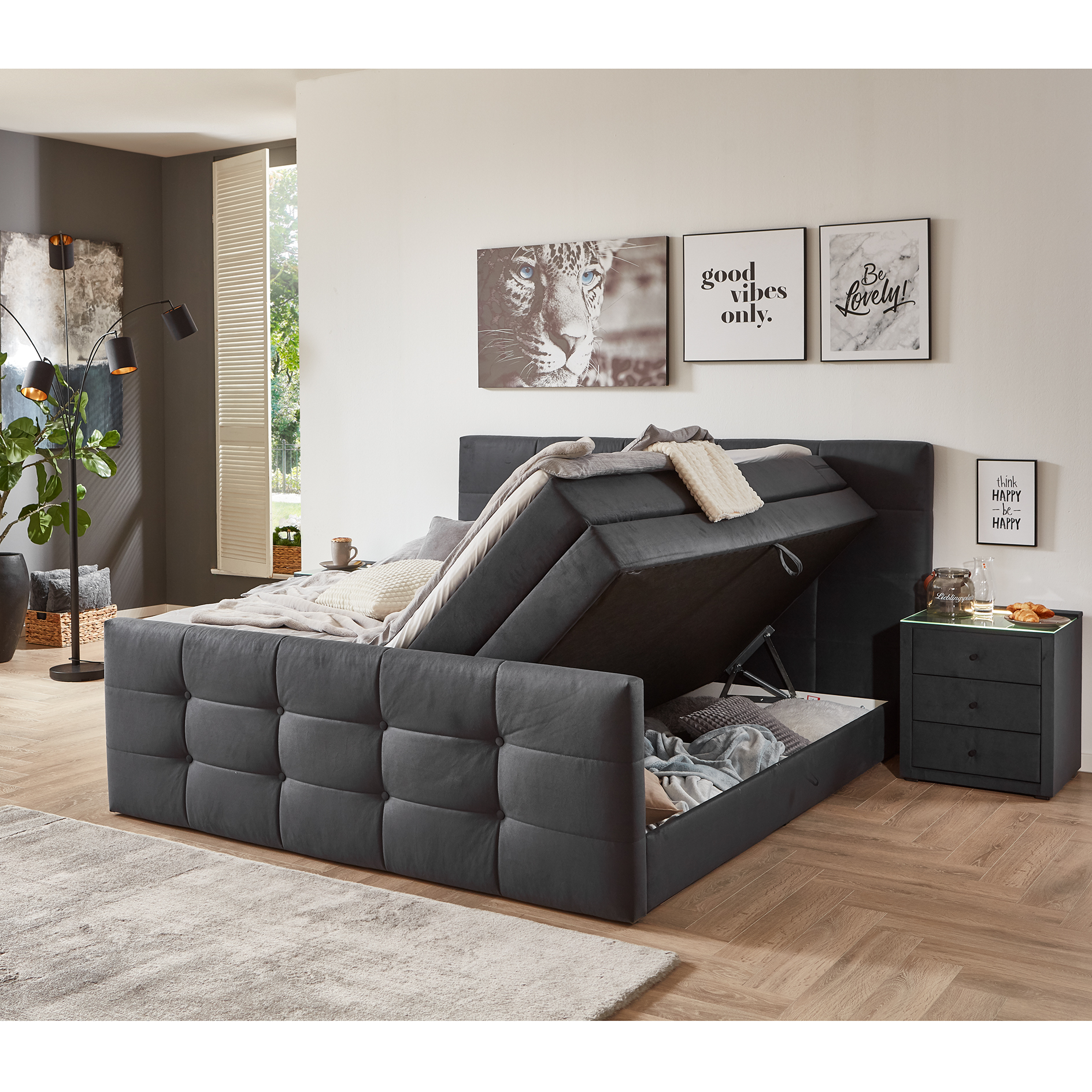 Boxspringbett - dunkelgrau - mit Bettkasten - H2 - 180x200 cm