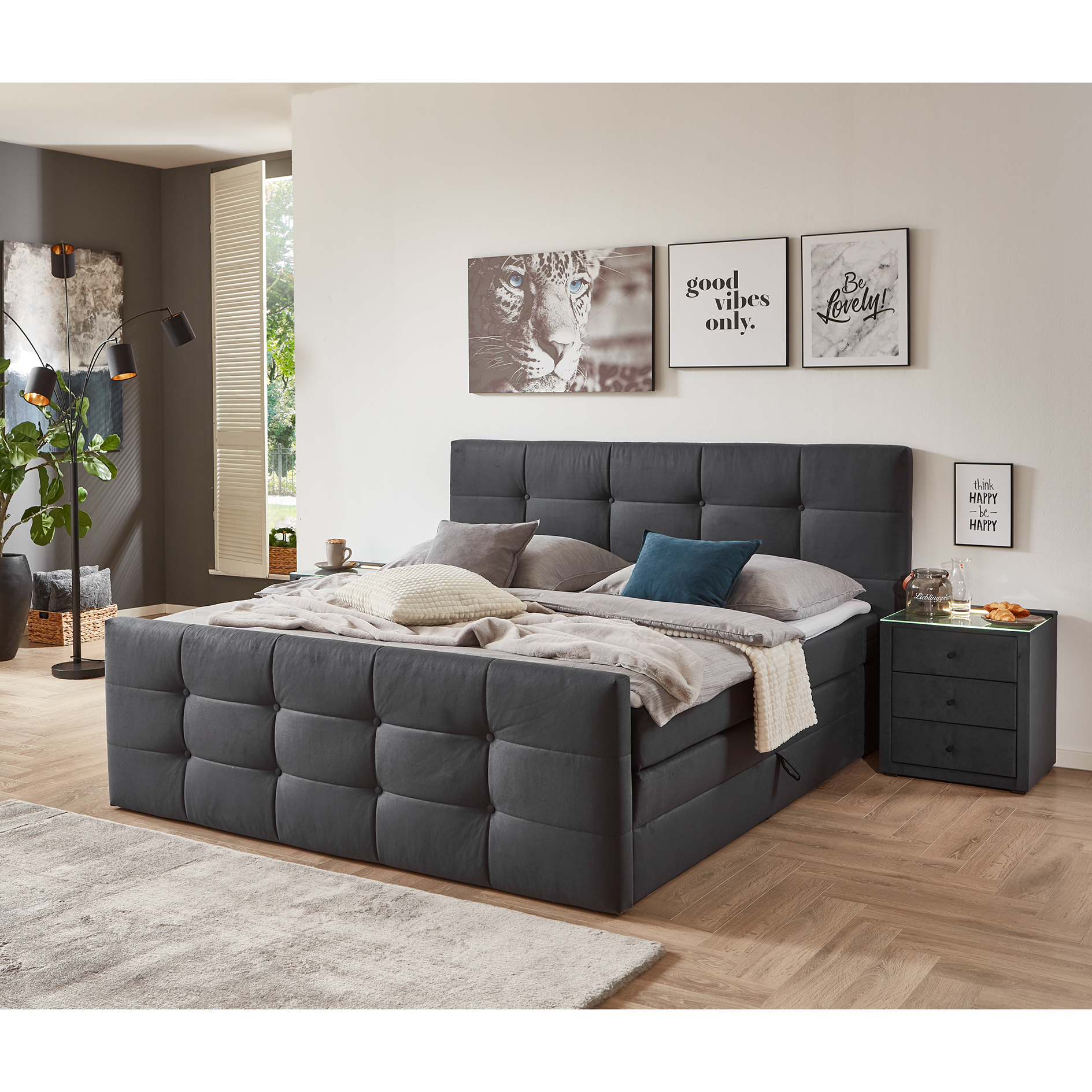 Boxspringbett - dunkelgrau - mit Bettkasten - H2 - 180x200 cm