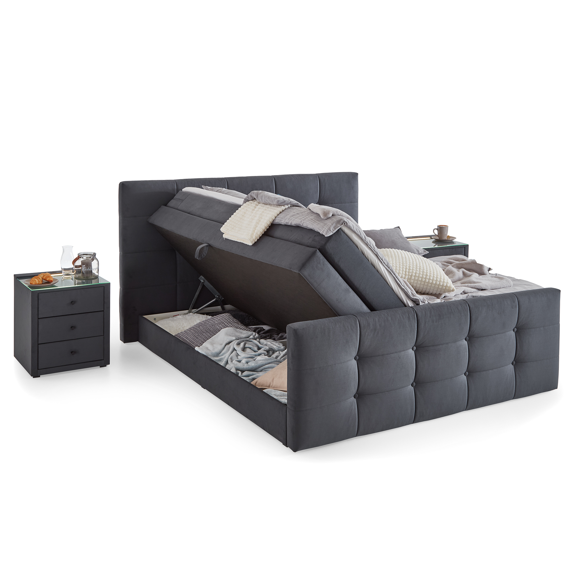 Boxspringbett - dunkelgrau - mit Bettkasten - H2 - 180x200 cm