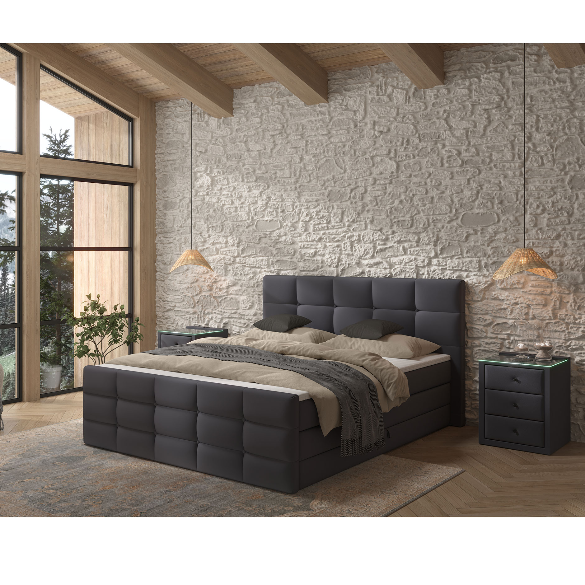 Boxspringbett - dunkelgrau - mit Bettkasten - H2 - 180x200 cm