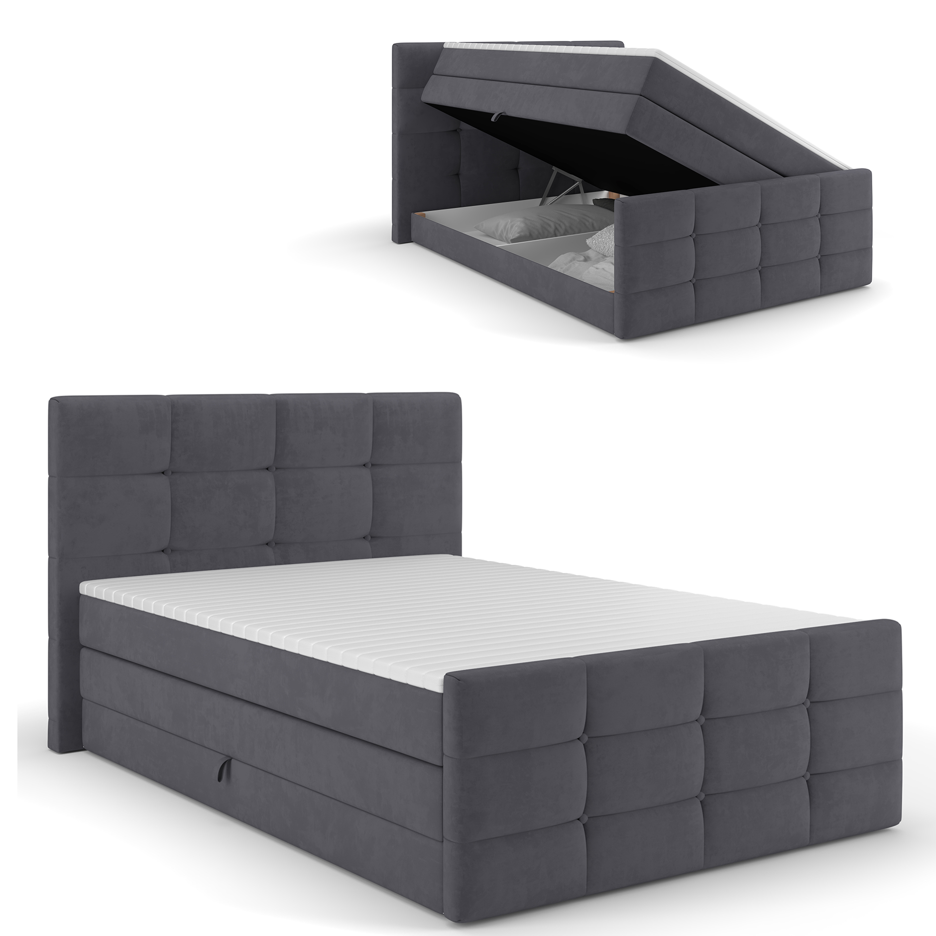 Boxspringbett - dunkelgrau - mit Bettkasten - H2/H3 - 120x200 cm