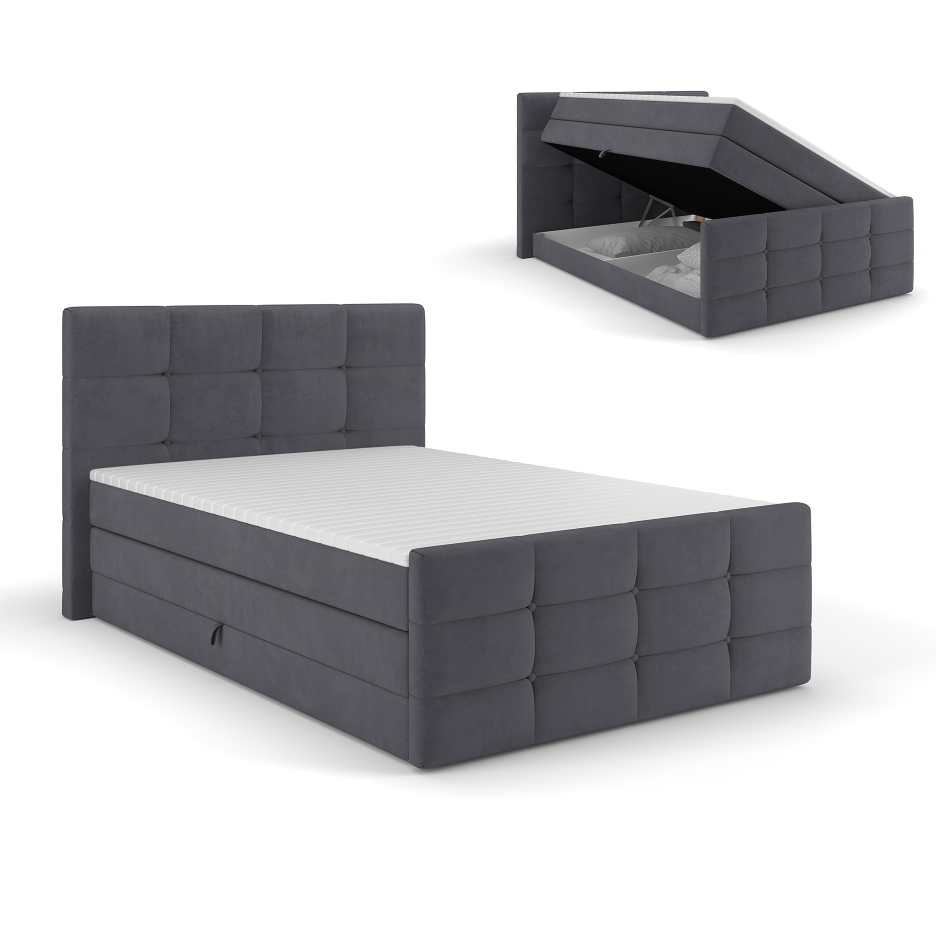 Boxspringbett - dunkelgrau - mit Bettkasten - H2/H3 - 140x200 cm