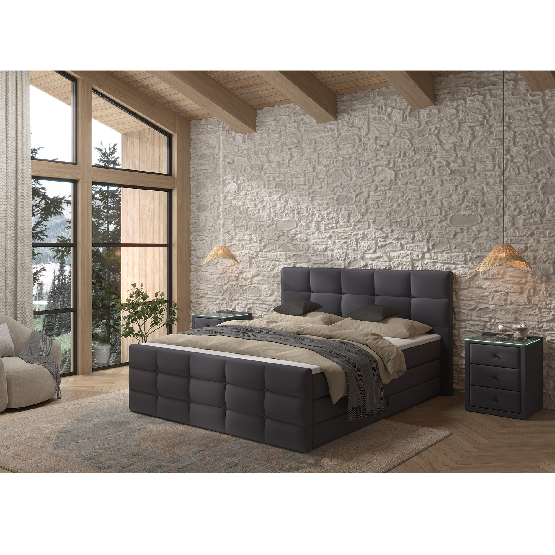 Boxspringbett - dunkelgrau - mit Bettkasten - H2/H3 - 180x200 cm