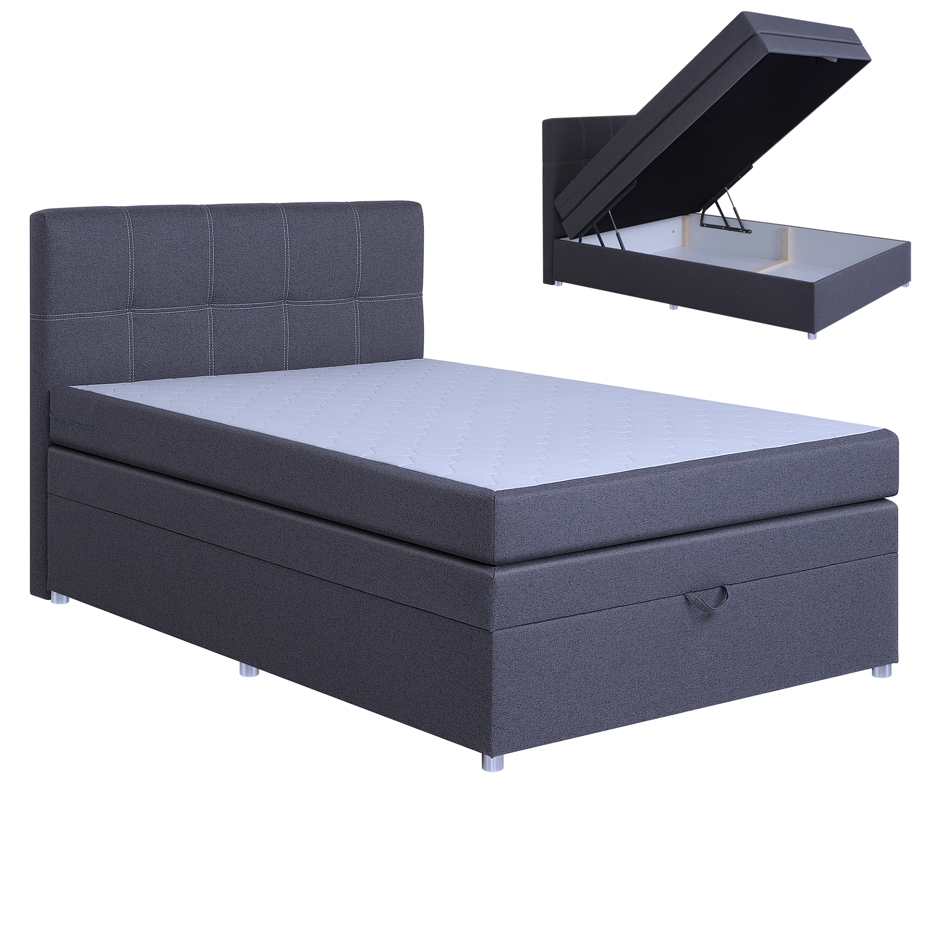 Boxspringbett - dunkelgrau - mit Bettkasten - H3 - 140x200 cm