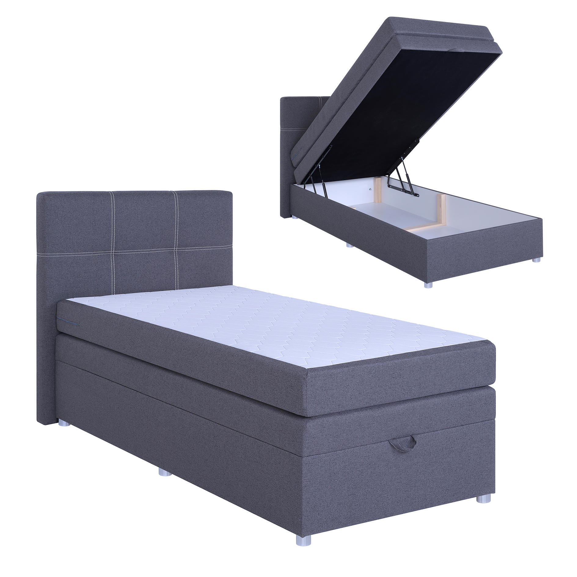 Boxspringbett - dunkelgrau - mit Bettkasten - H3 - 90x200 cm