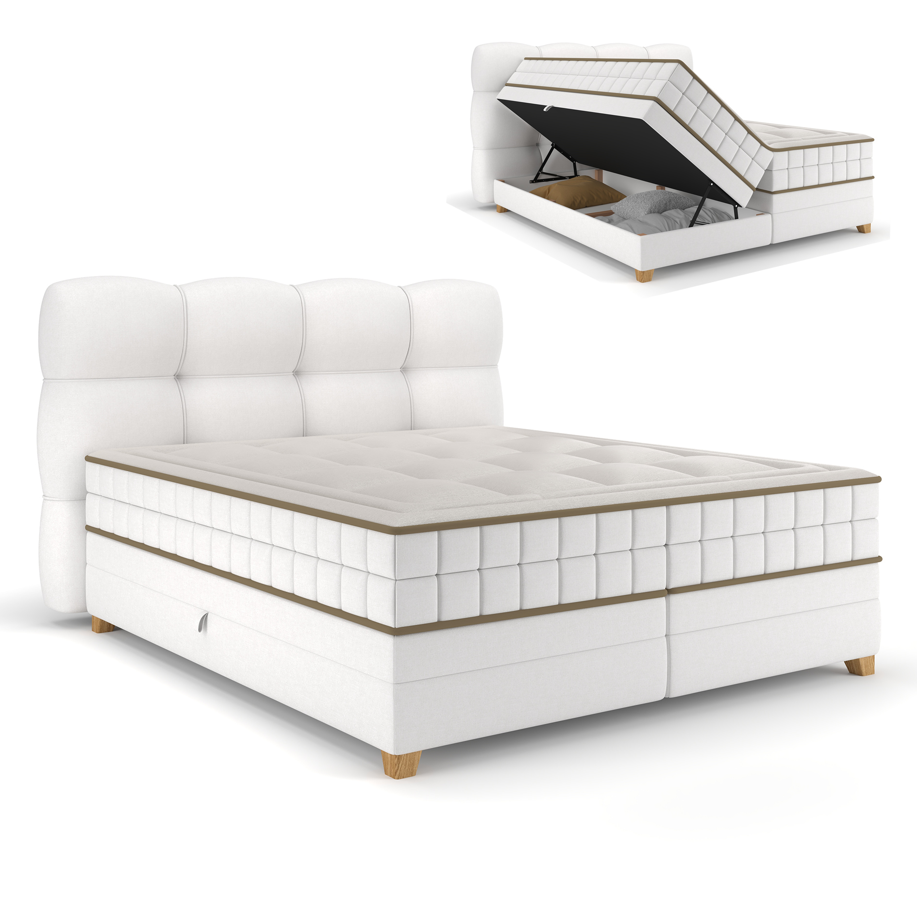 Boxspringbett - elfenbein - H2/H3 - Bettkasten - 180x200 cm