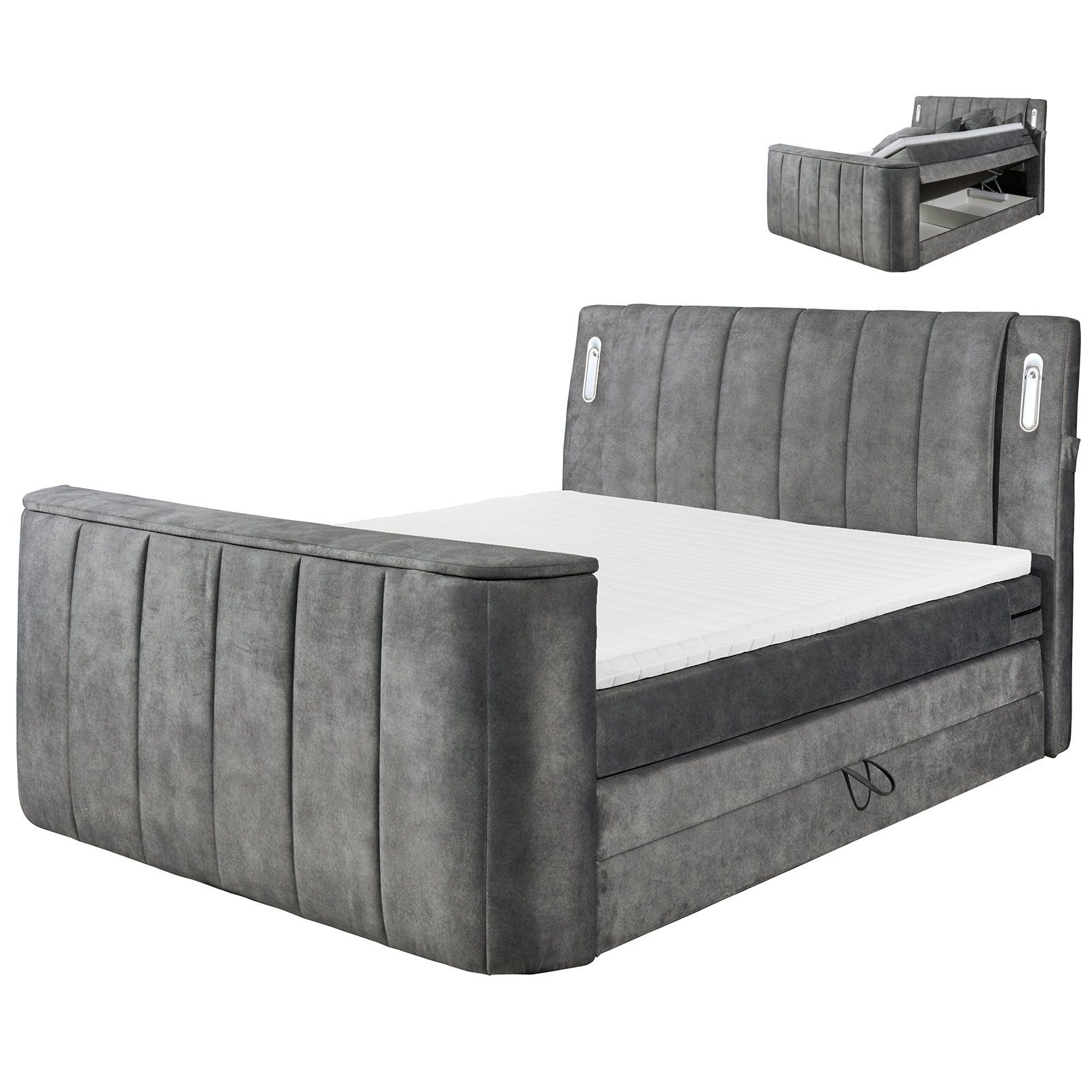 Boxspringbett - grau - H2 - Bettkasten - mit TV-Halterung - 180x200 cm