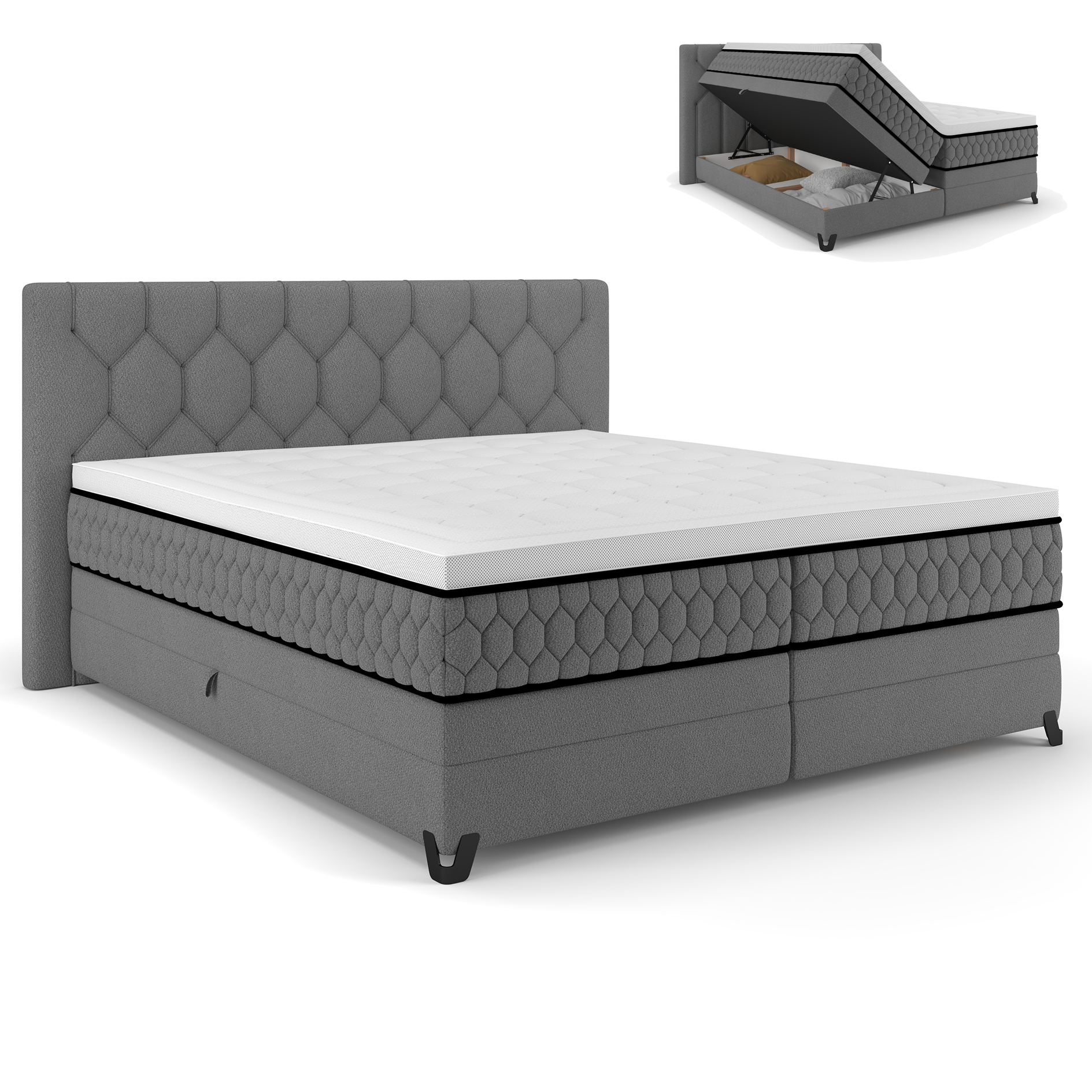 Boxspringbett - grau - mit Bettkasten - H2/H3 - 180x200 cm