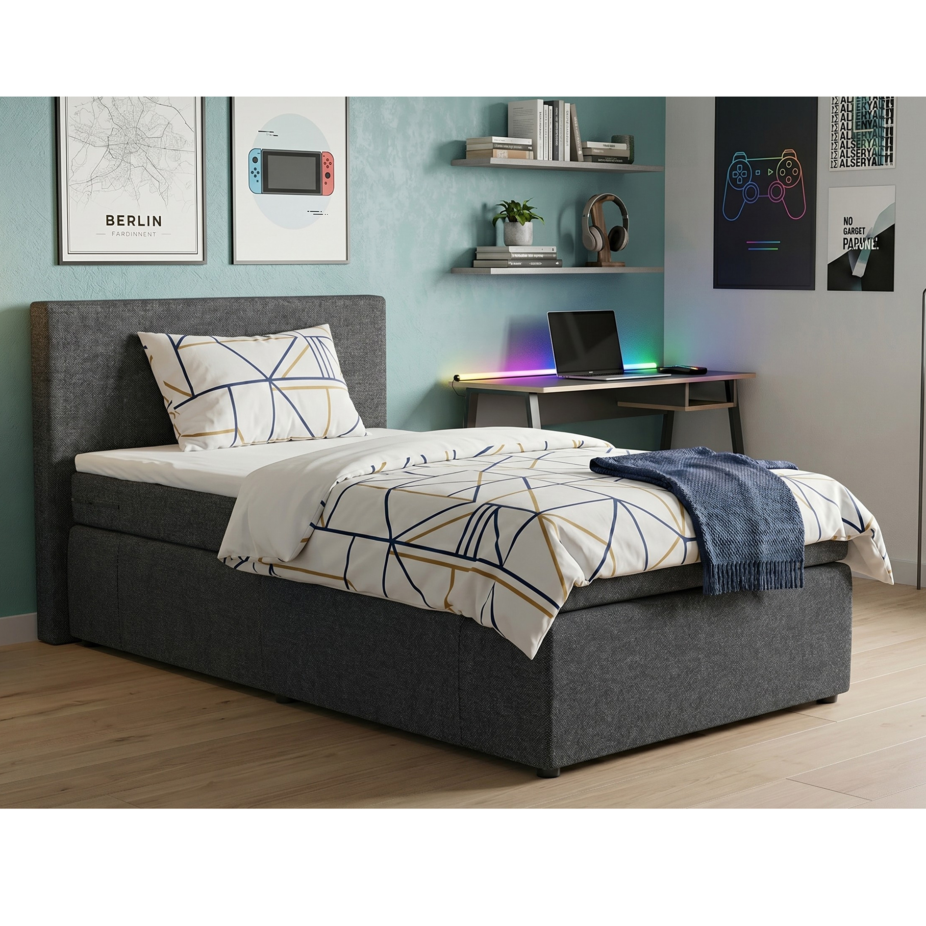 Boxspringbett - grey - H3 - 90x200 cm 