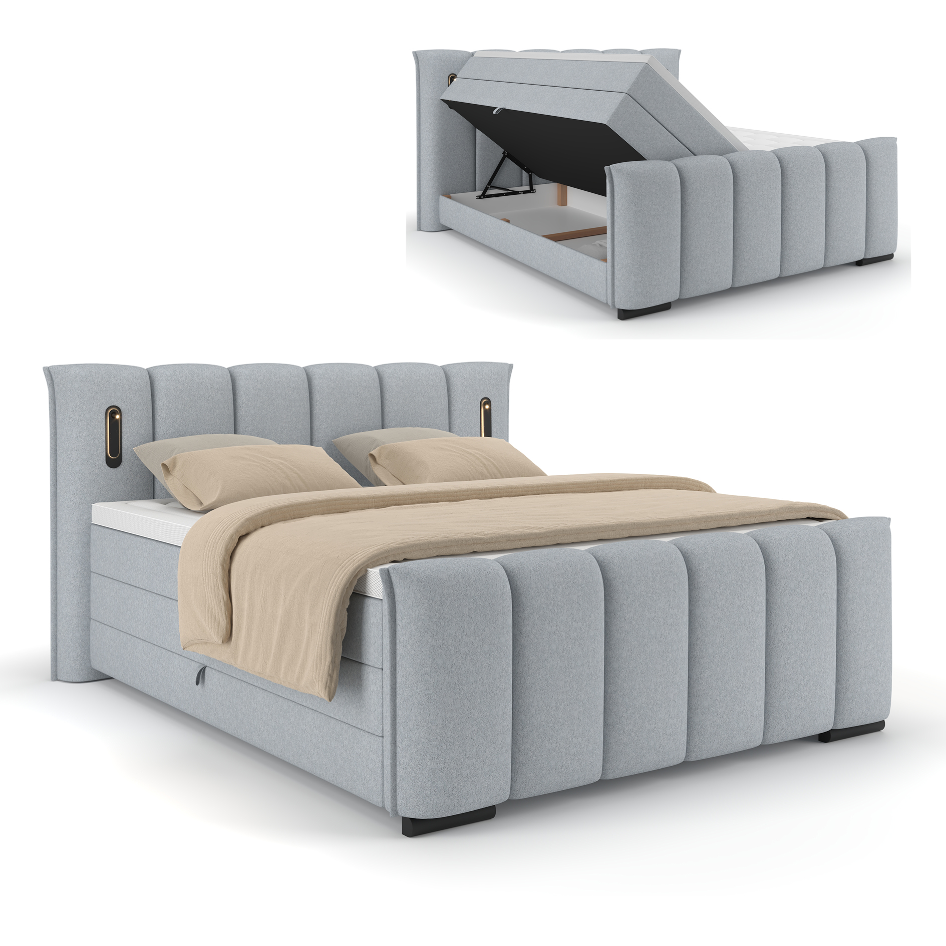 Boxspringbett - hellgrau - H2/H3 - inklusive Topper - 180x200 cm