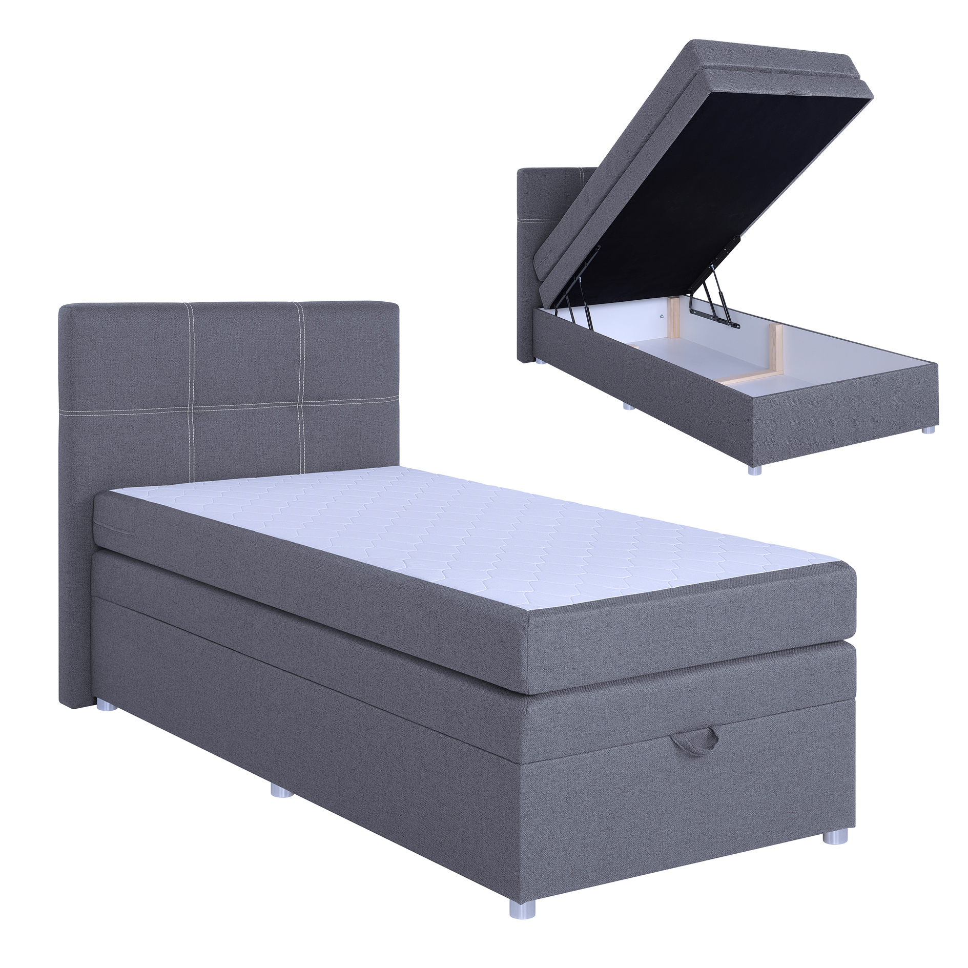 Boxspringbett - hellgrau - mit Bettkasten - H3 - 90x200 cm