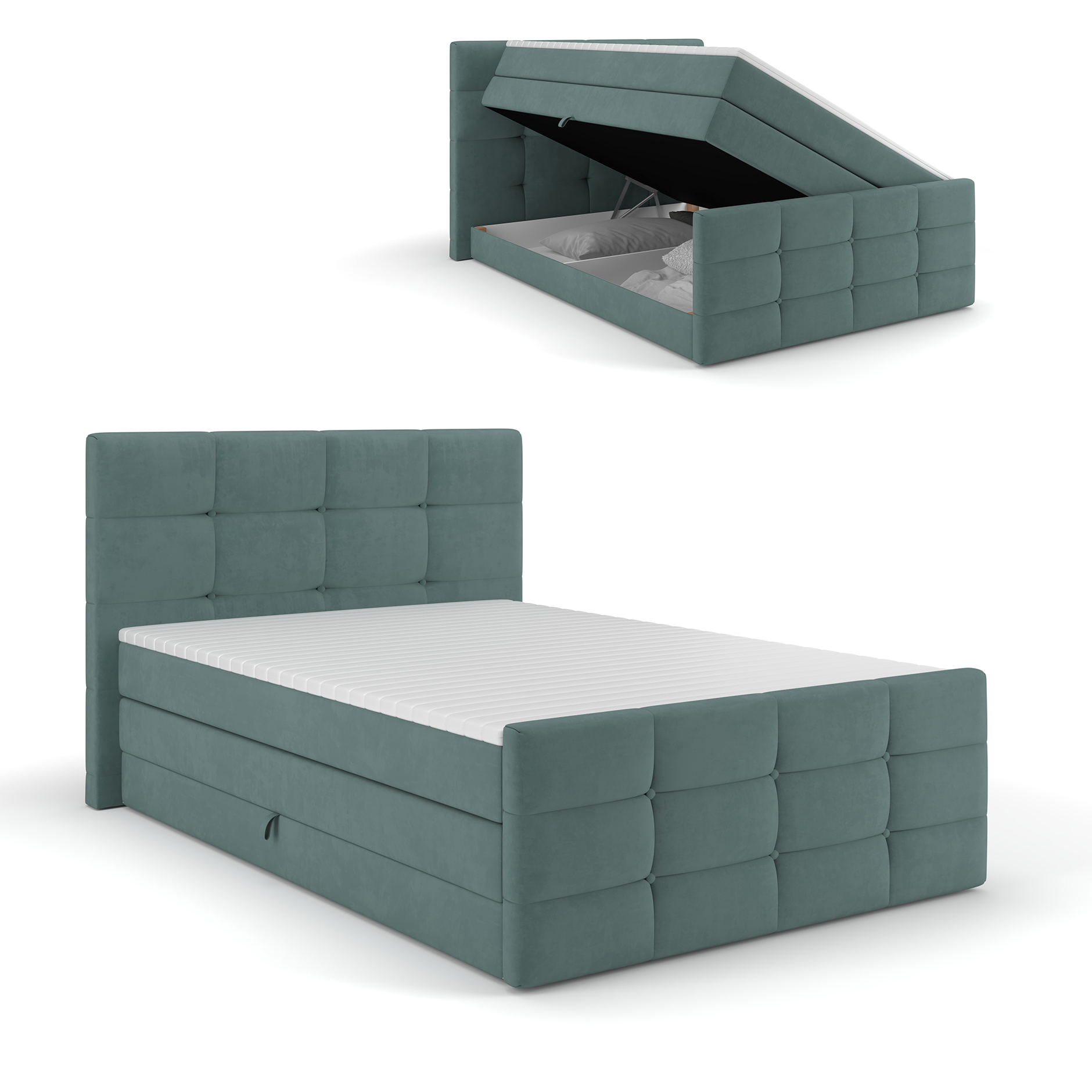 Boxspringbett - minze - mit Bettkasten - H2/H3 - 120x200 cm
