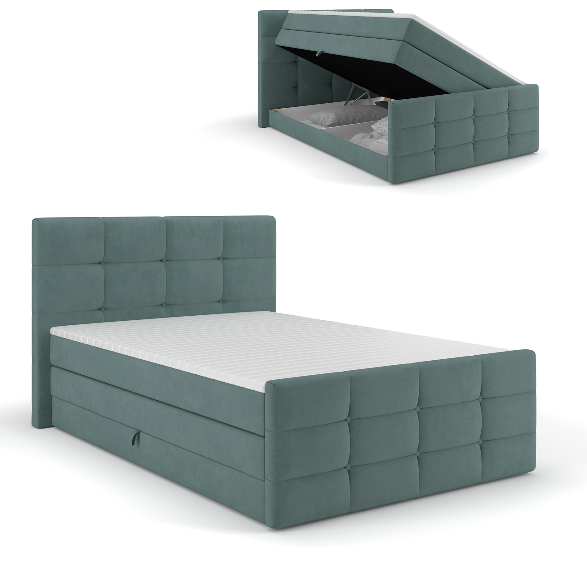 Boxspringbett - minze - mit Bettkasten - H2/H3 - 140x200 cm