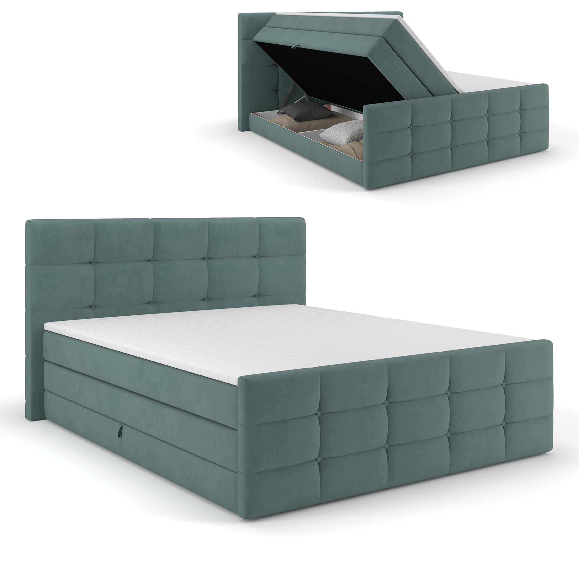 Boxspringbett - minze - mit Bettkasten - H2/H3 - 160x200 cm