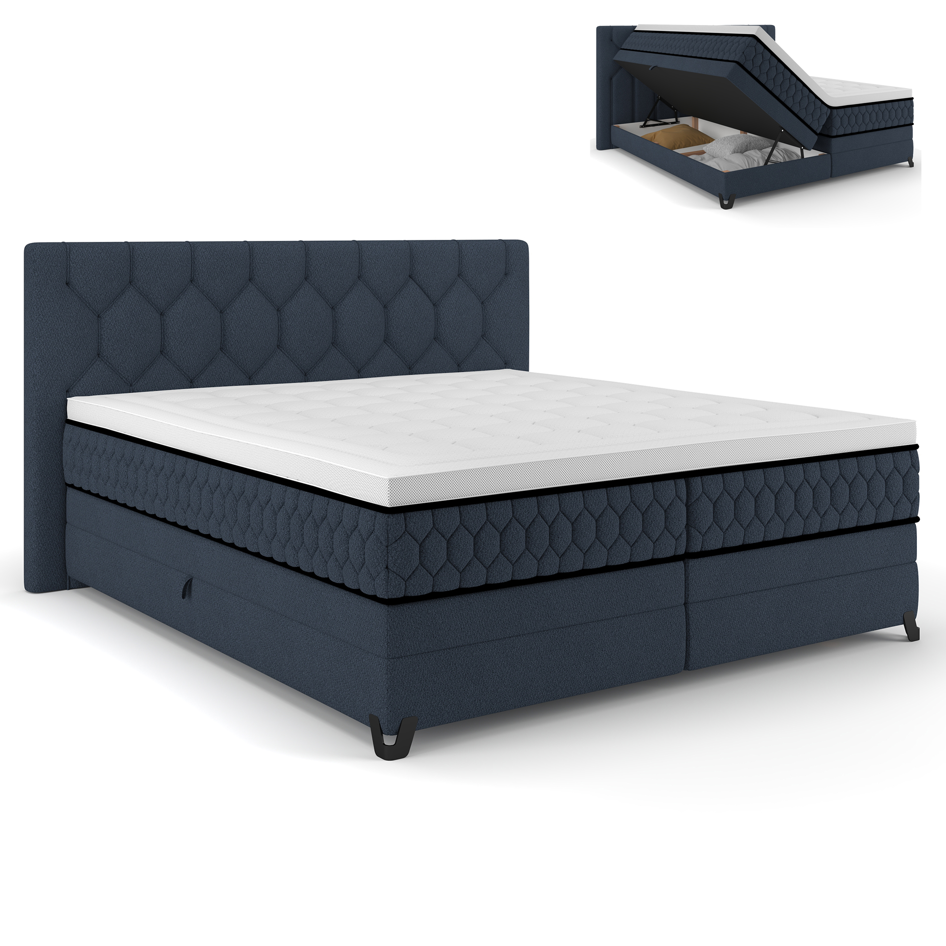 Boxspringbett - mitternachtsblau - mit Bettkasten - H2/H3 - 180x200 cm