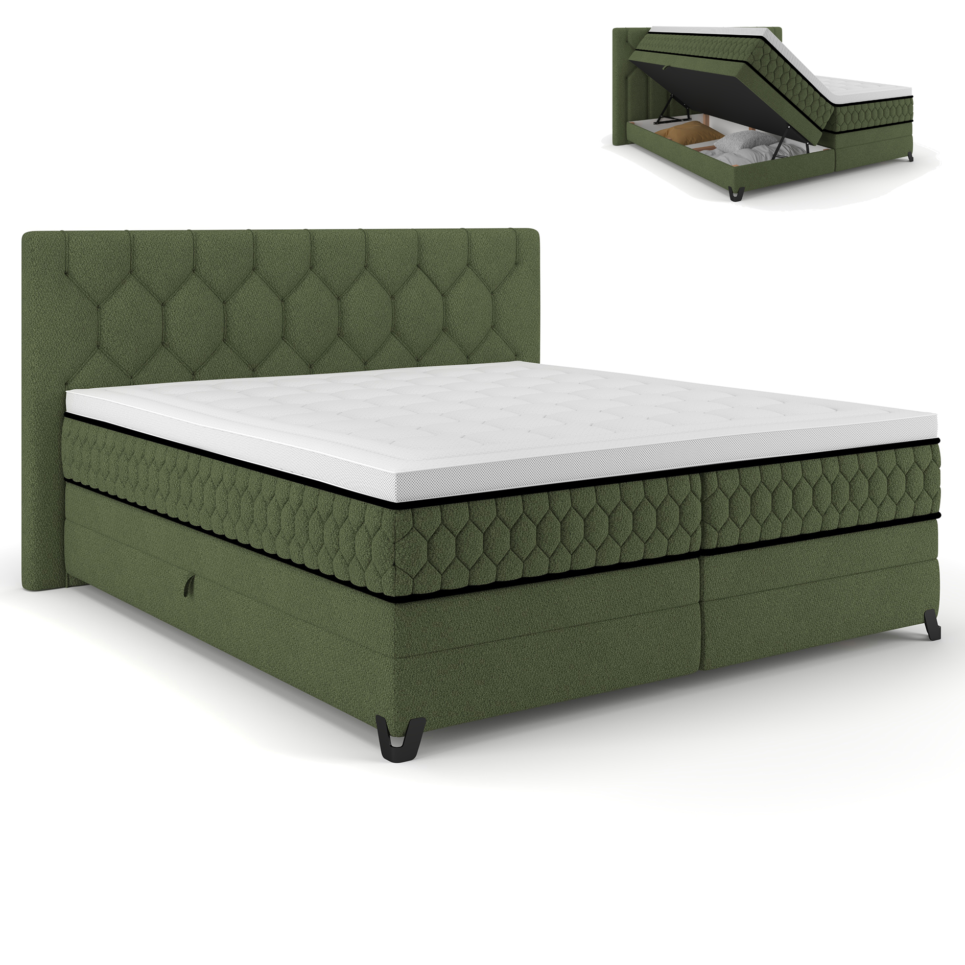Boxspringbett - moosgrün - mit Bettkasten - H2 - 180x200 cm