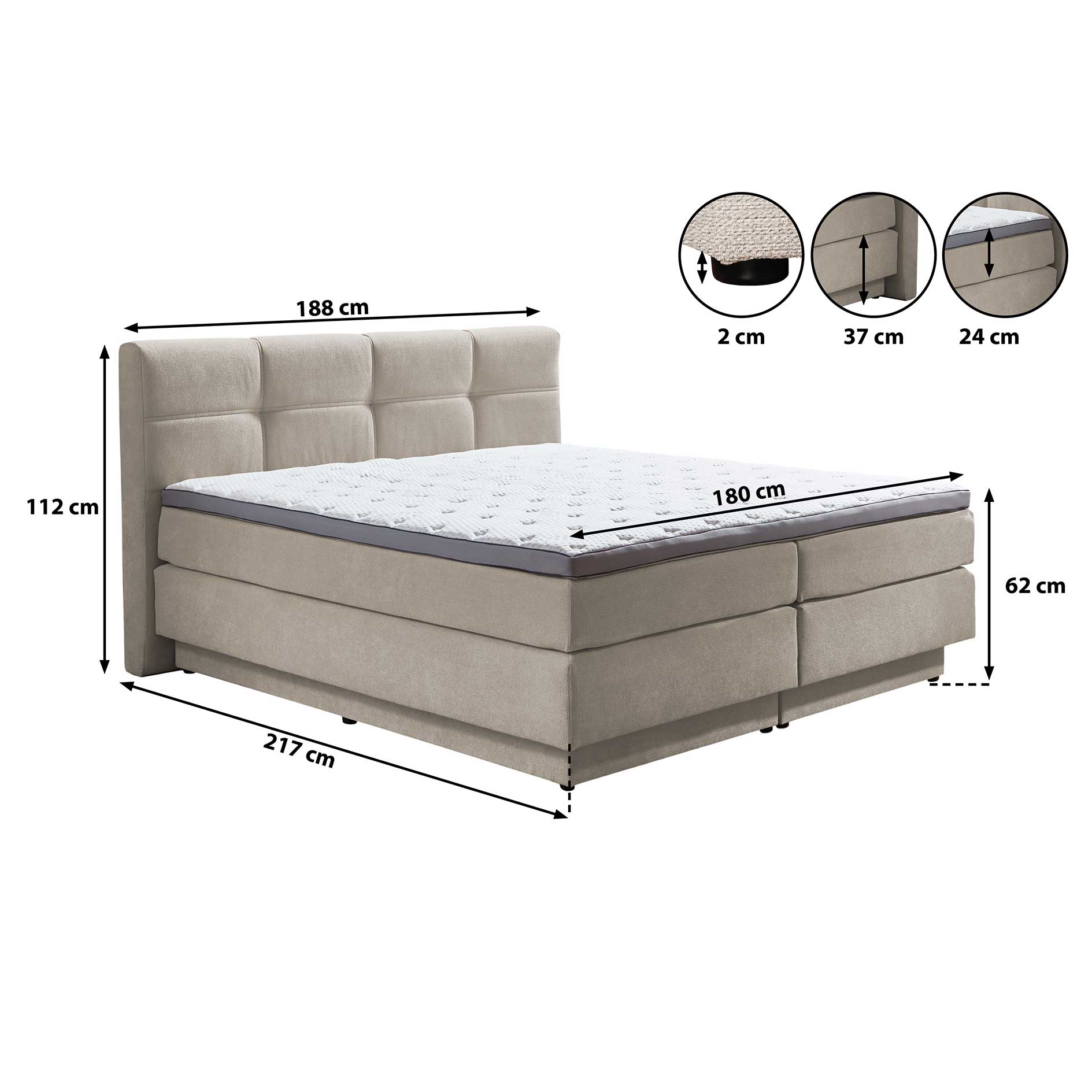 Boxspringbett - natur - H2/H3 - mit Bettkasten - 160x200 cm