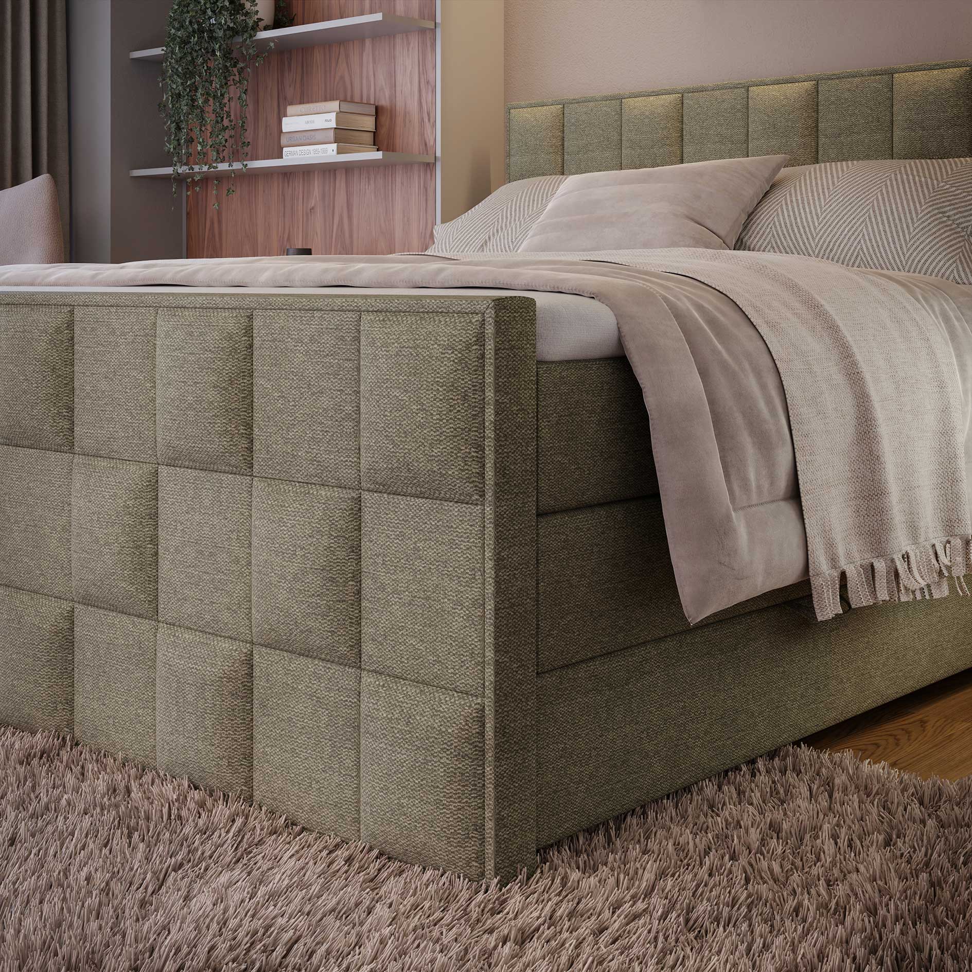 Boxspringbett - olivgrün - H3 - mit Bettkasten - 180x200 cm