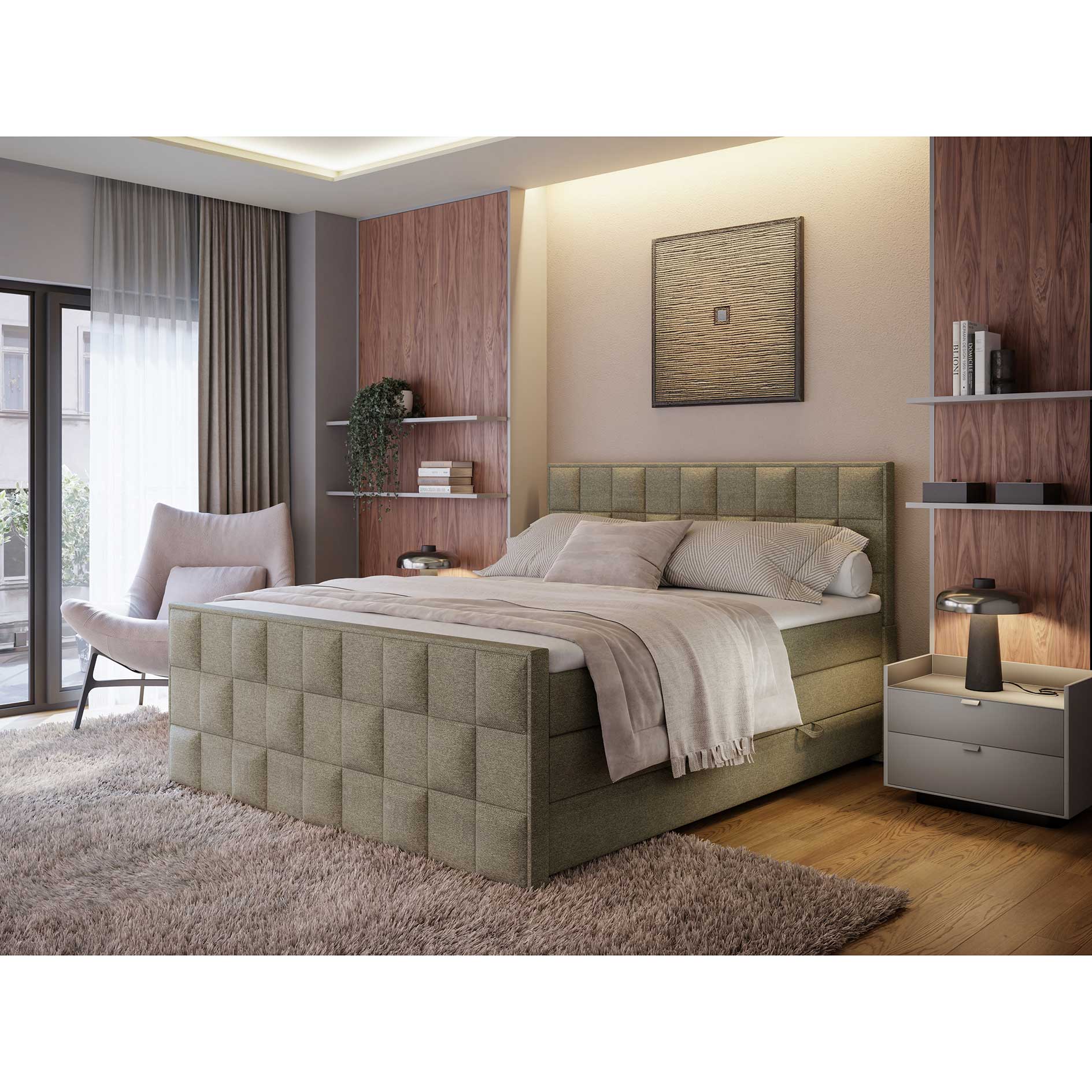 Boxspringbett - olivgrün - H3 - mit Bettkasten - 180x200 cm