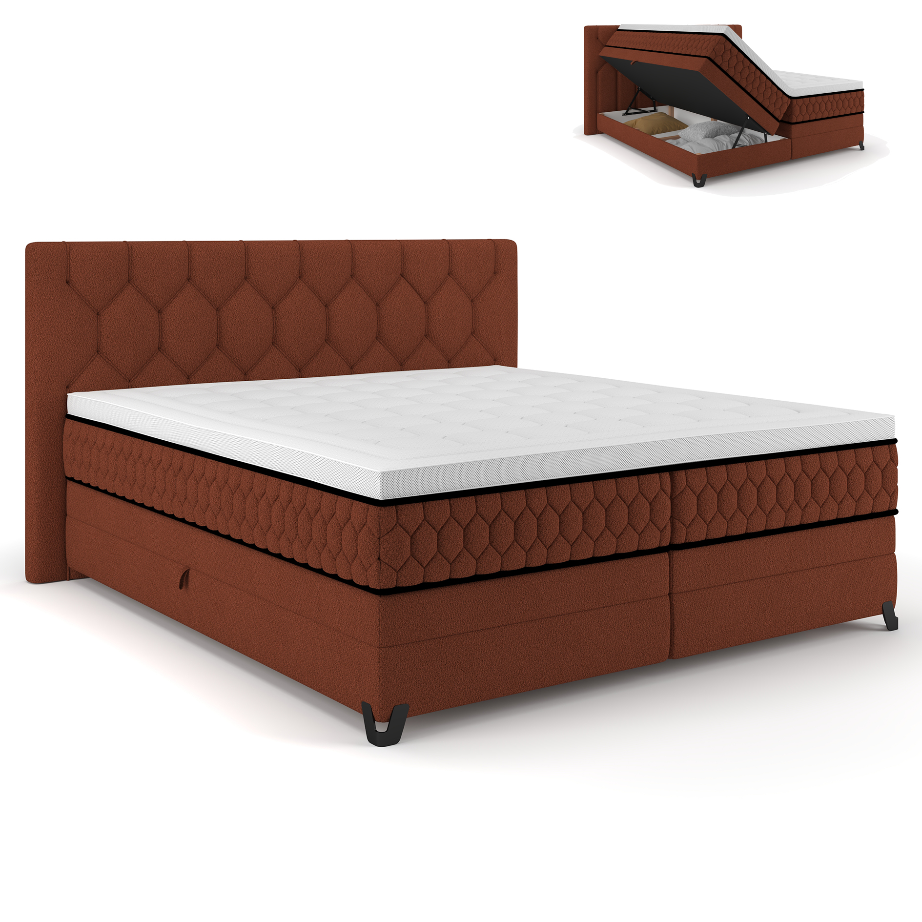 Boxspringbett - rostrot - mit Bettkasten - H2 - 180x200 cm