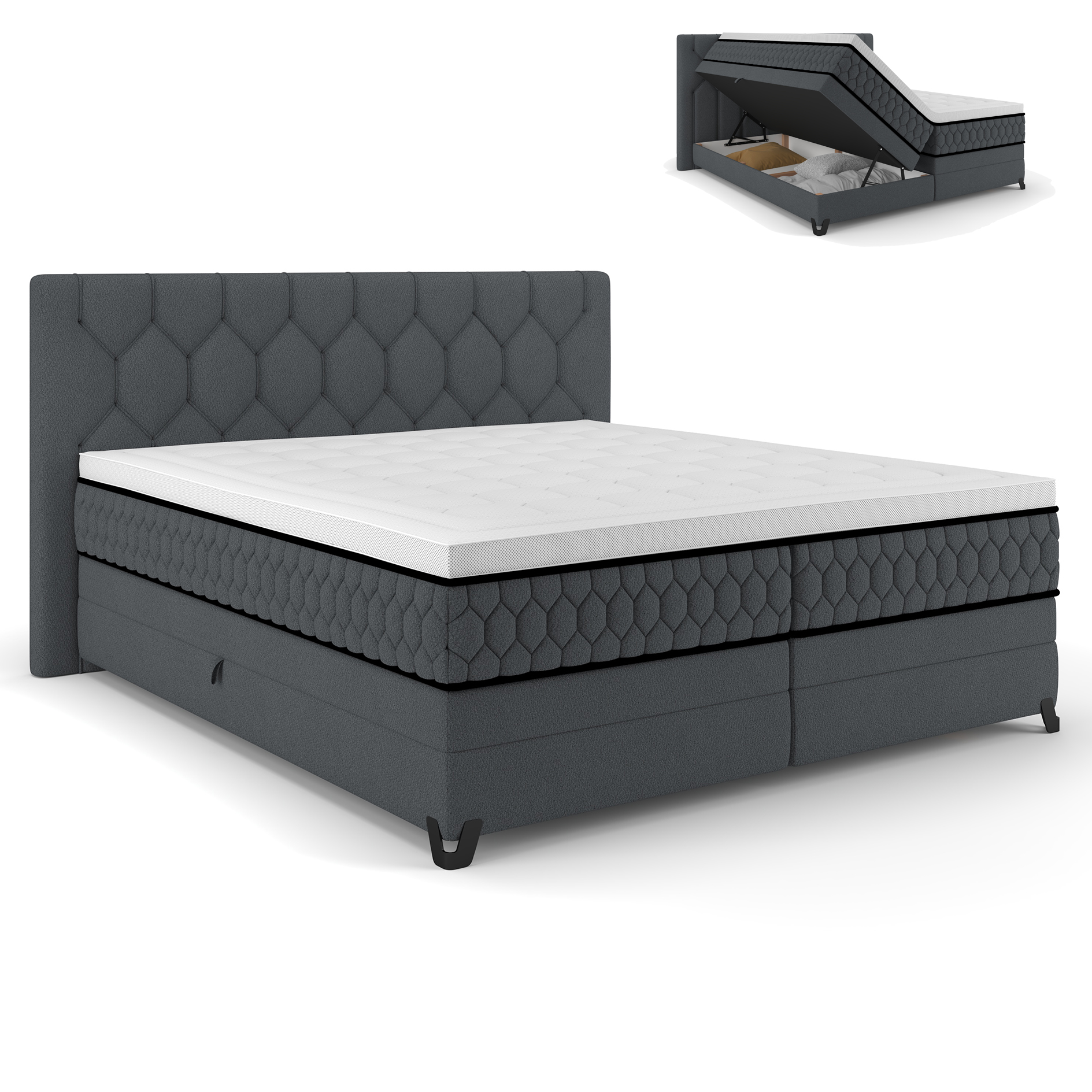 Boxspringbett - schwarz - mit Bettkasten - H2 - 180x200 cm