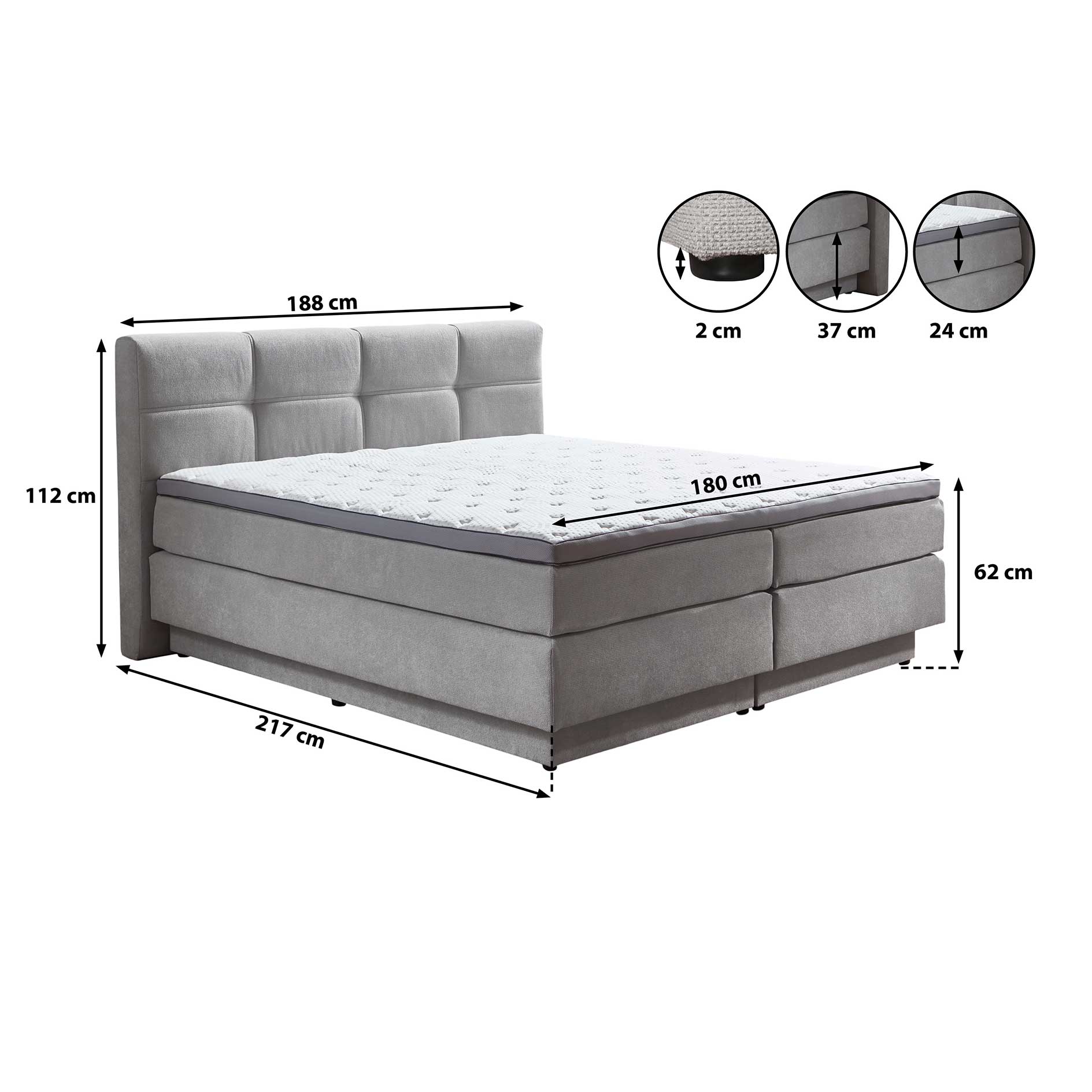 Boxspringbett - silber - H2/H3 - mit Bettkasten - 160x200 cm