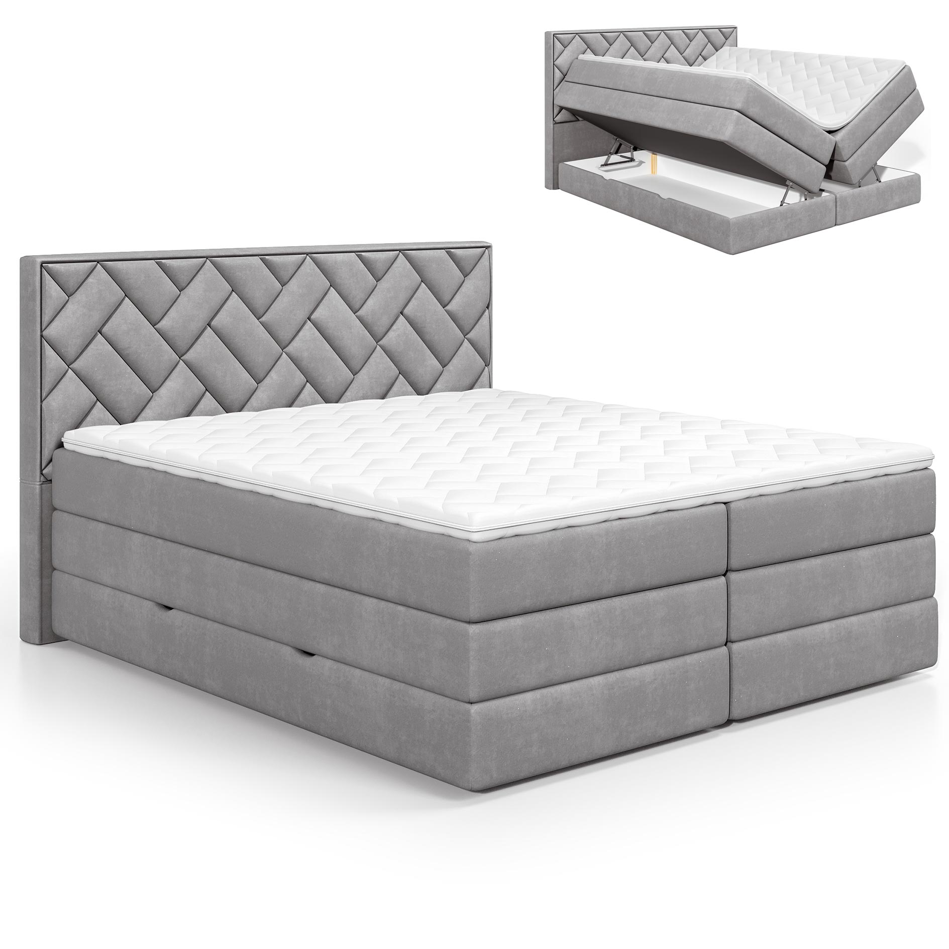 Boxspringbett - silber - H2/H3 - Staukasten - Topper - 140x200 cm
