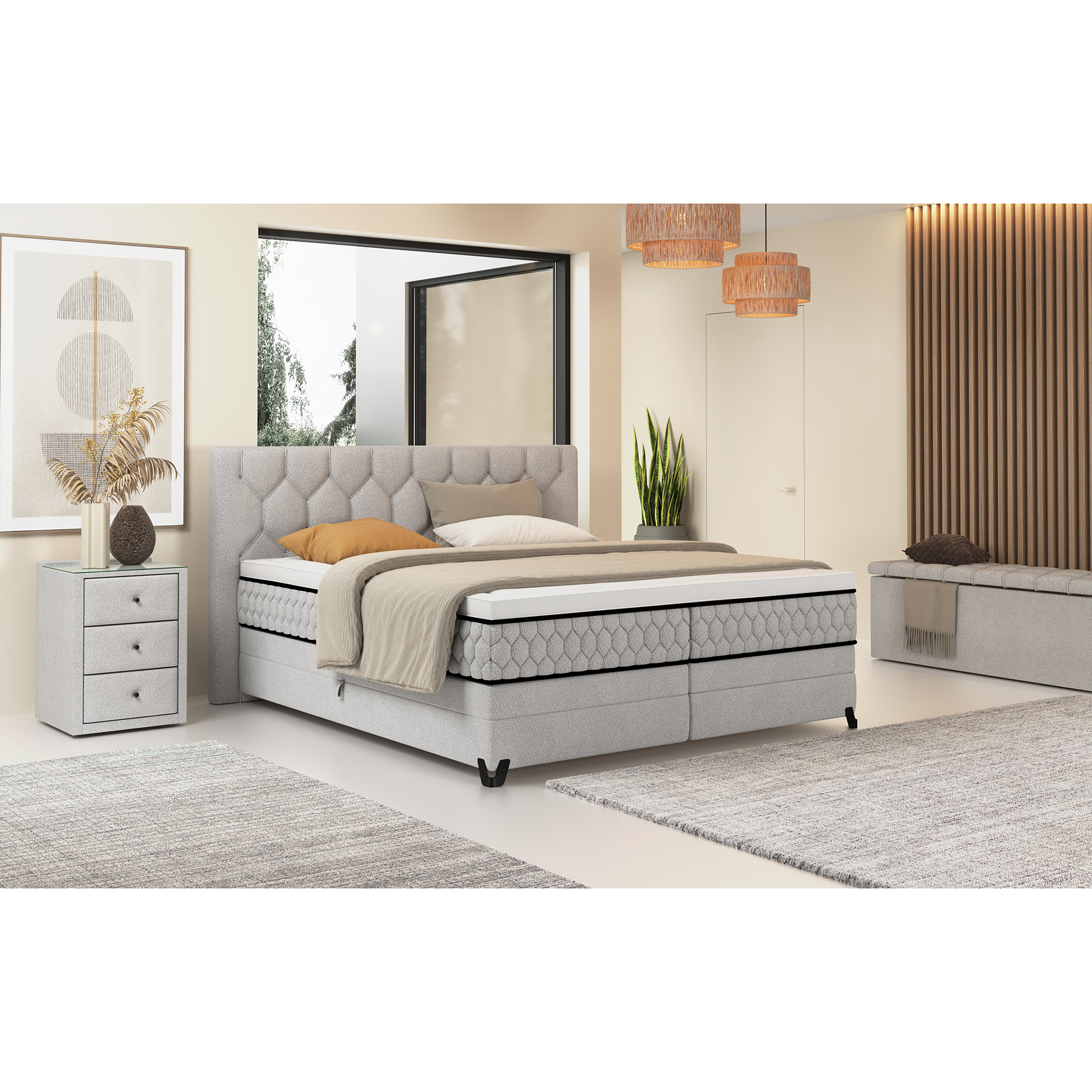 Boxspringbett - silber - mit Bettkasten - H2/H3 - 180x200 cm