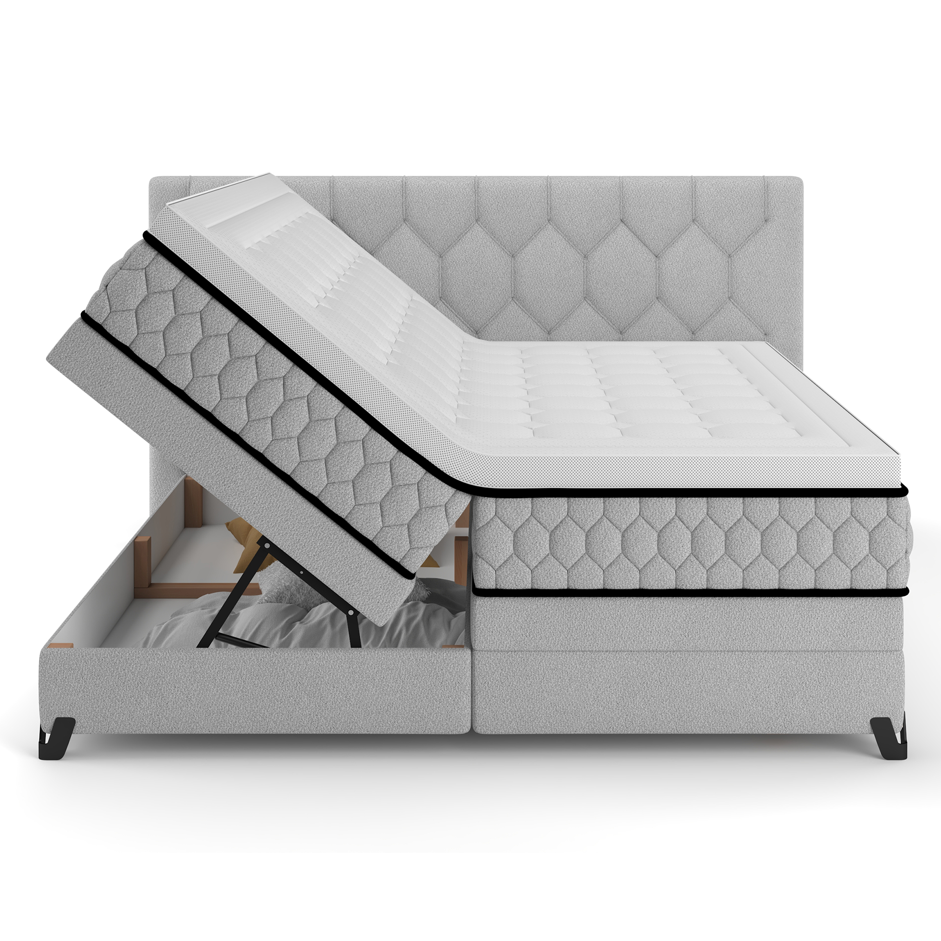 Boxspringbett - silber - mit Bettkasten - H2/H3 - 180x200 cm